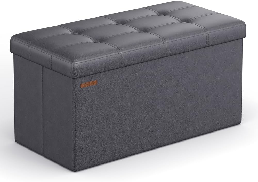 SONGMICS Cassapanca Contenitore 80L, Pouf Contenitore, Panca Poggiapiedi Pieghevole, Capacità di Carico di 300 kg, Rivestimento in Similpelle, Seduta Imbottita, Bianco LSF106