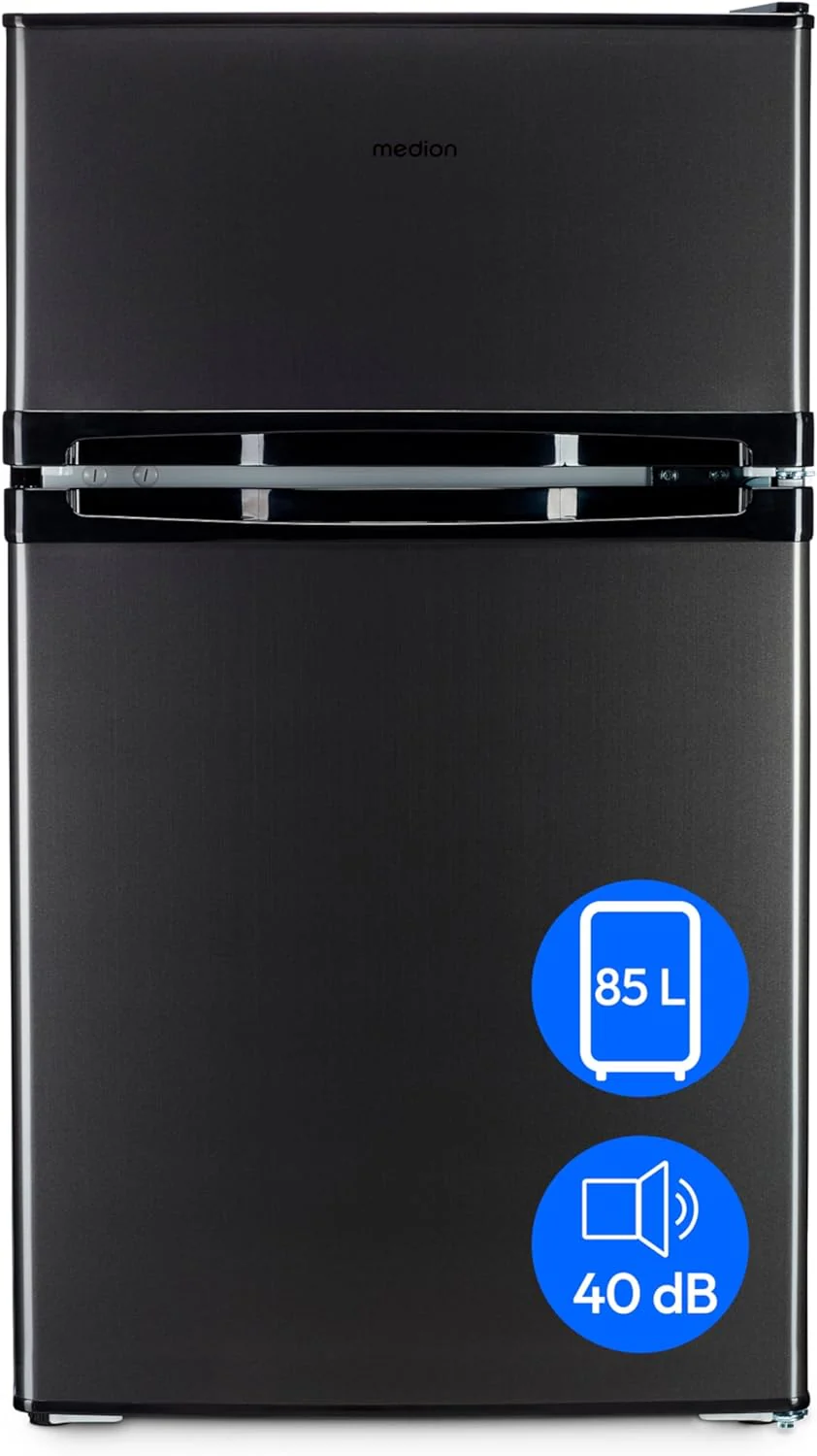MEDION Mini koel-vriescombinatie (85 liter, 61L koelgedeelte, 24L vriesgedeelte, vrijstaand, 40 dB, transparante groentelade, deurscharnier omkeerbaar, MD 37689) grijs