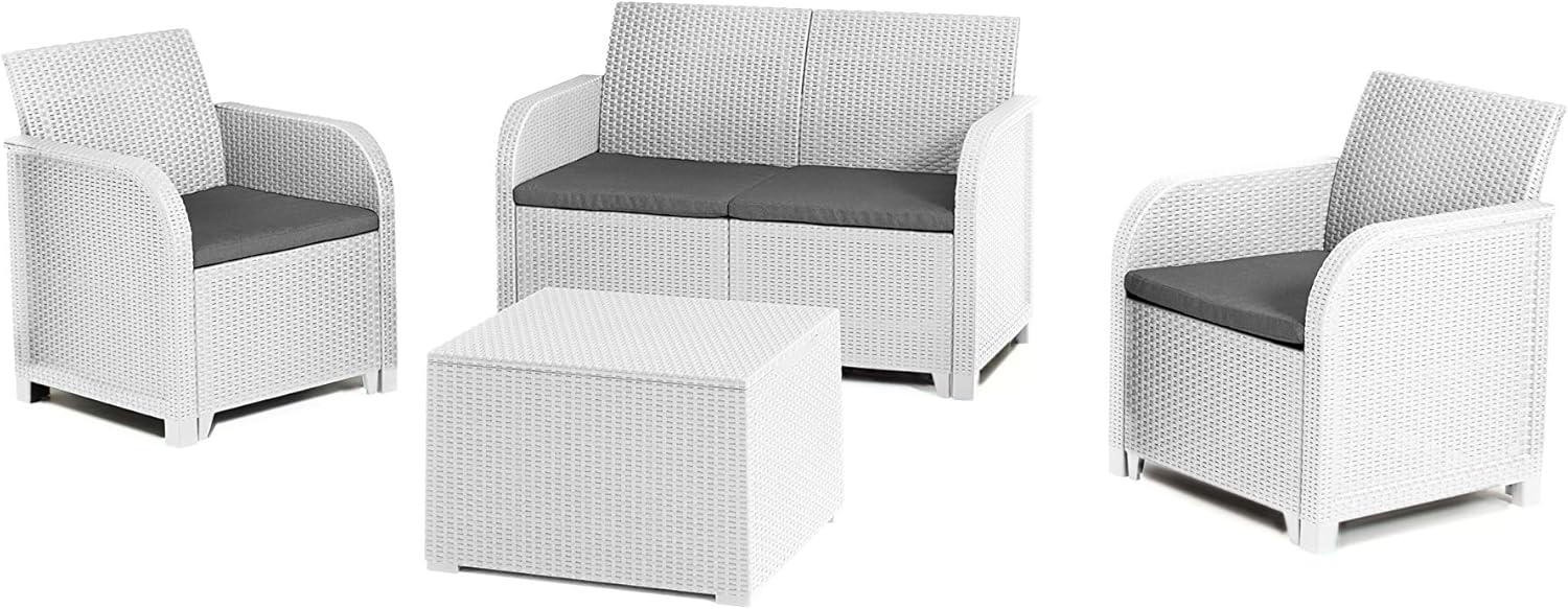 Keter Rosalie Lounge Set with Cushions – Armchairs 65 x 63 x 74 h Sofa 113 x 65 x 74 H Storage Table 60 x 55 x 39 H White
