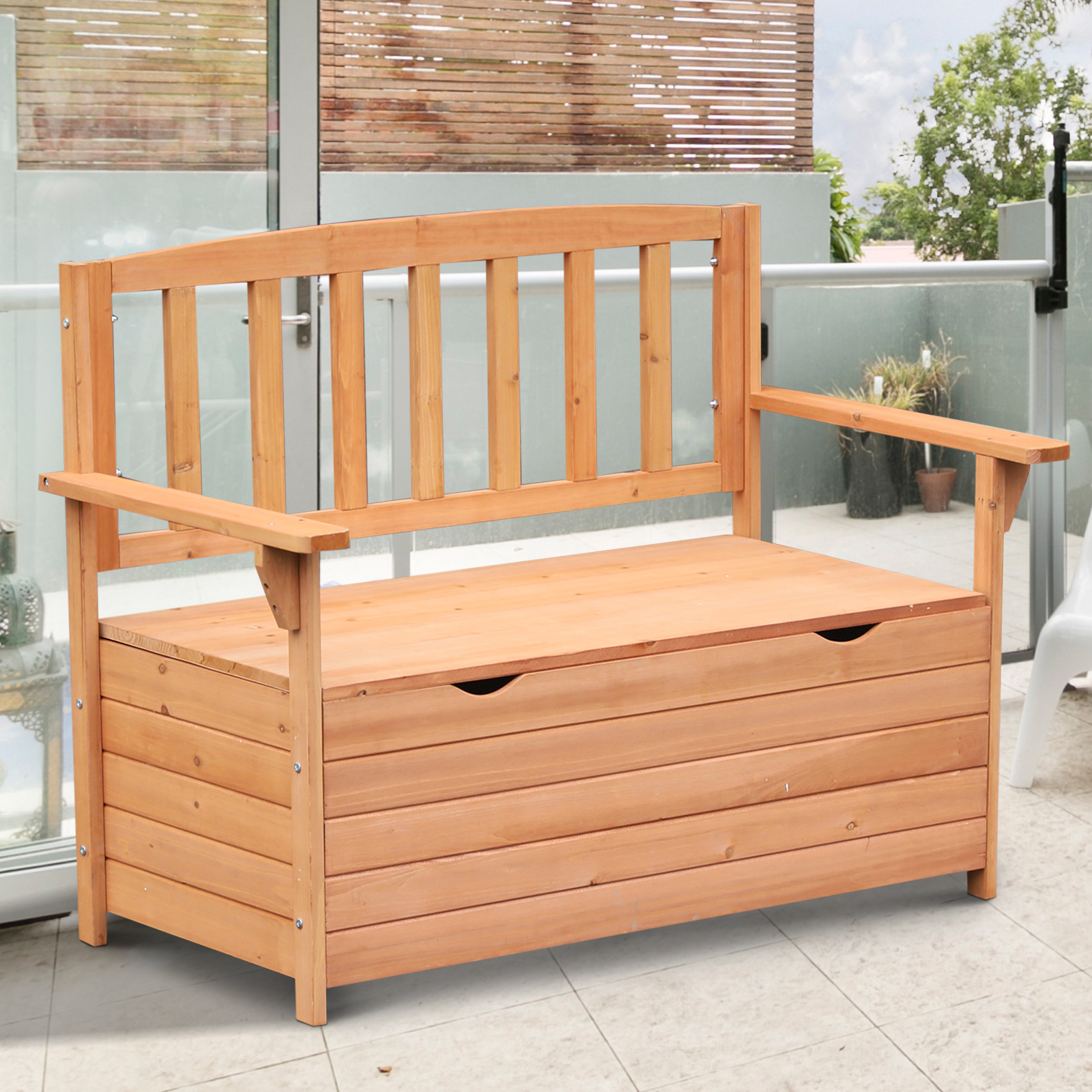 Outsunny Gartenbank aus Tannenholz mit Stauraum, Maße 112L x 58B x 84H cm