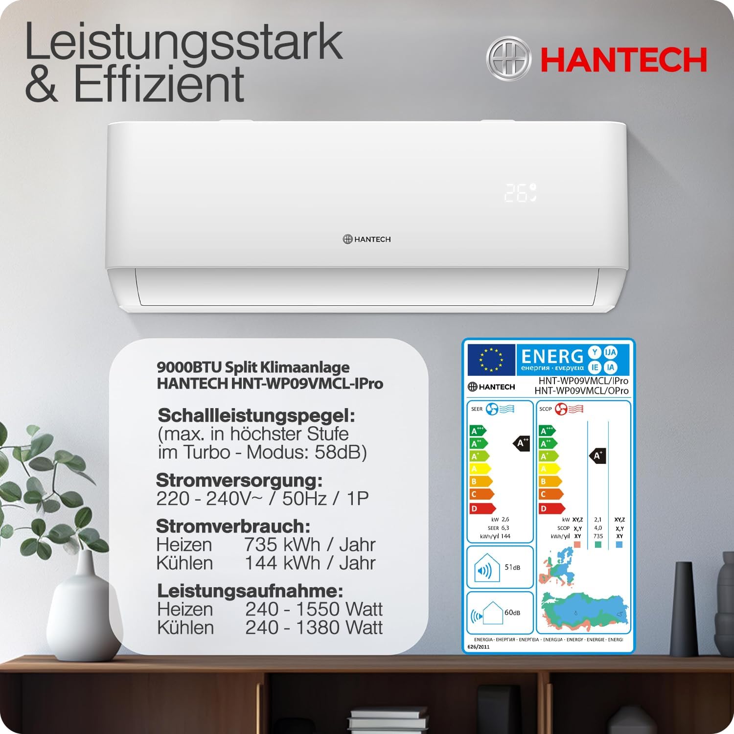 HANTECH Multisplit Klimaanlage 18000 BTU H-PRO mit 2x9000 BTU Inneneinheit WIFI