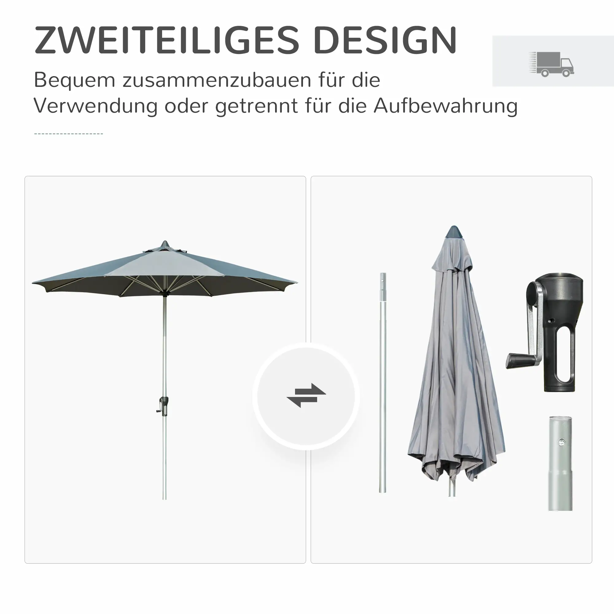 Outsunny Parasol 2,7 m Donkergrijs met Zwengel & UV-bescherming