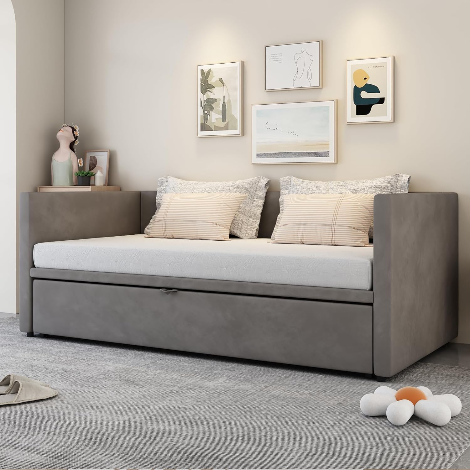 Divano letto estensibile 90/180 x 200 cm, letto matrimoniale, singolo con estraibile, con rete a doghe, tessuto in velluto delicato sulla pelle, Nessun materasso, grigio