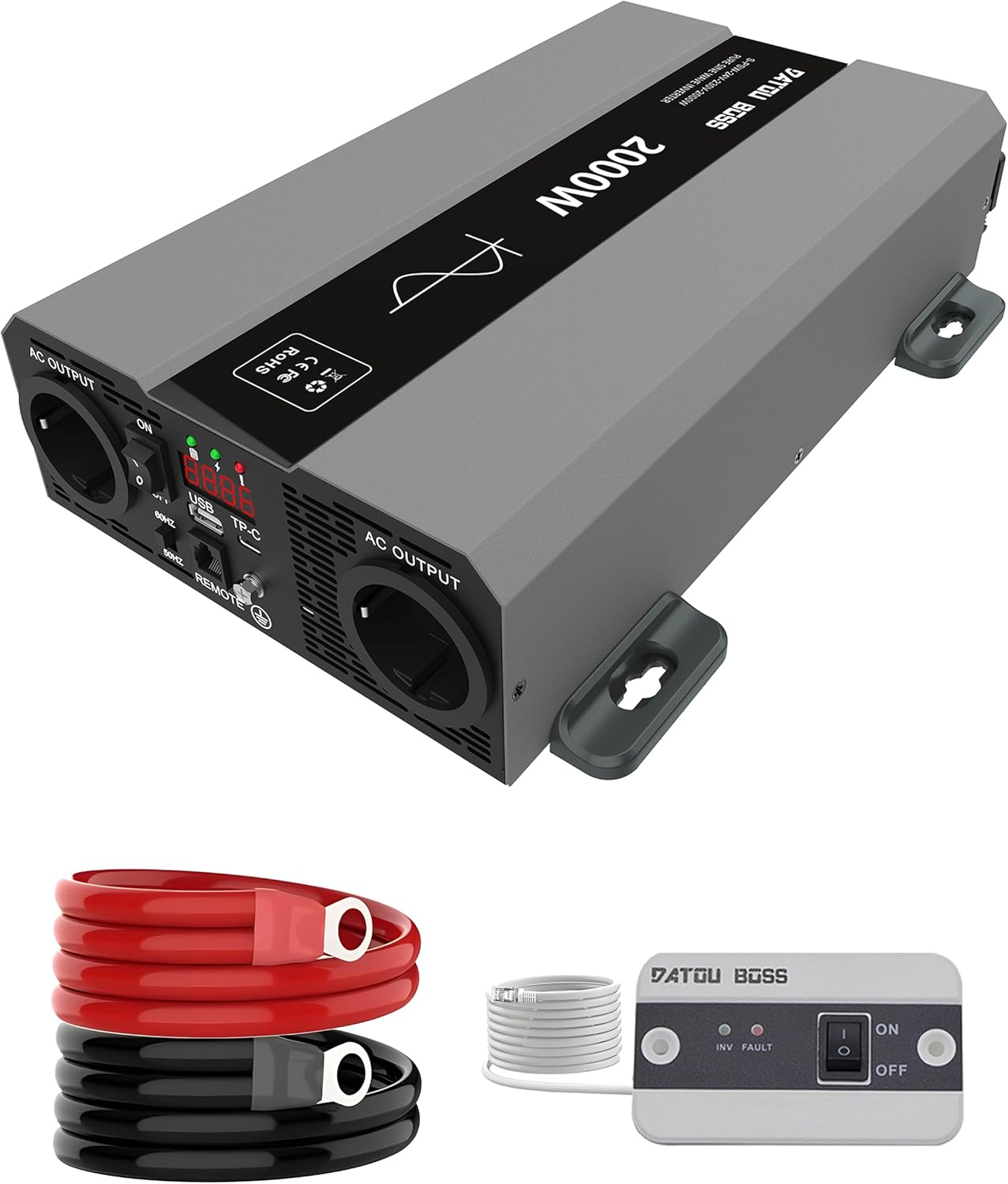 DATOUBOSS Inverter 12v 220v/230v Onda Pura 2000w, Inverter Onda Pura 2000w, Convertitore 12v 220v, Con Presa AC e Porta USB 3A Per Casa, Camper, Camion (SAK-12v2000w)