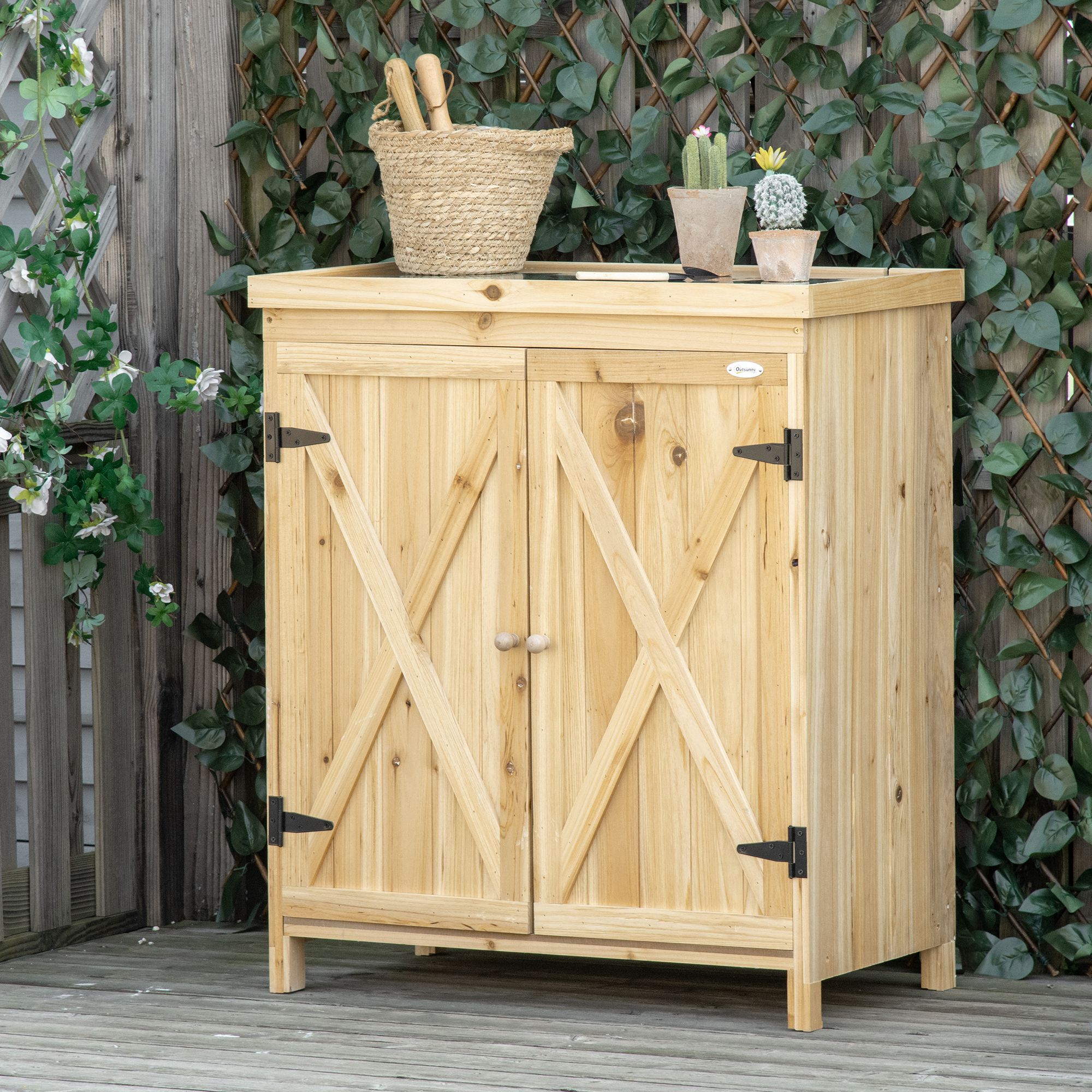 Outsunny Gartenschrank Gartenaufbewahrungsschrank verzinkte Metallplatte massives Holz 80 x 45 x 92 cm Naturholz