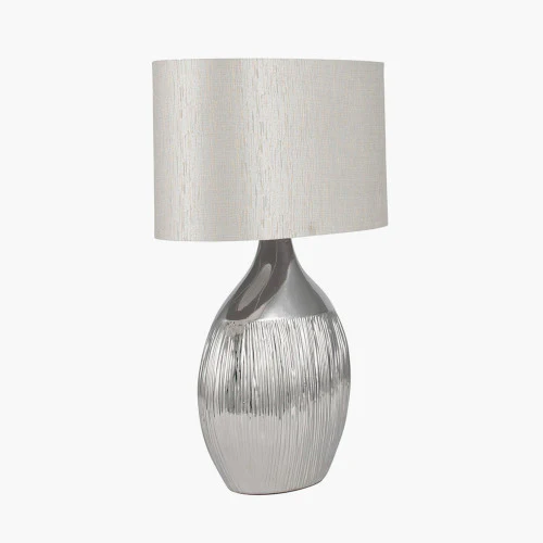 Silver Ceramic Table Lamp with Grey Oval Shade