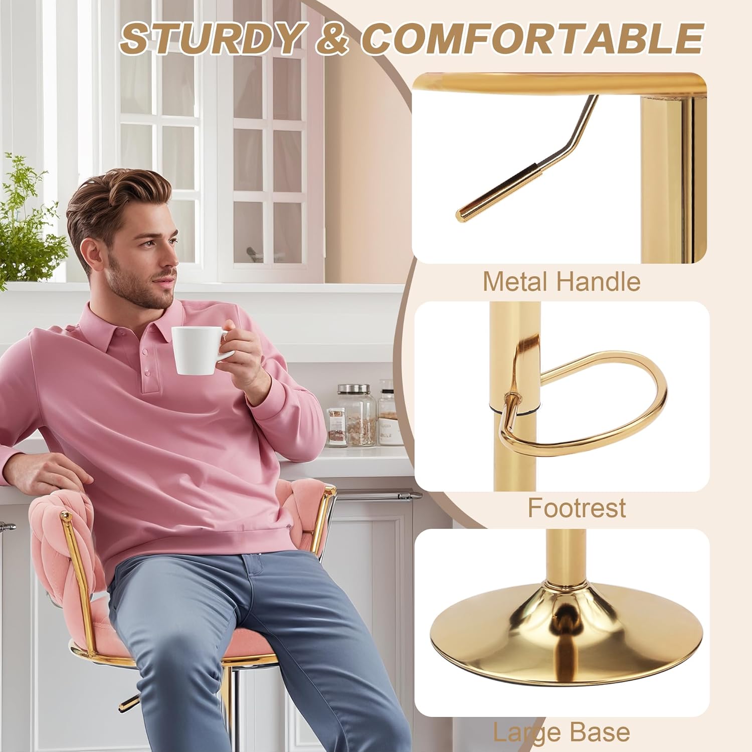 VECELO Bar Stools Set of 2, Adjustable Barstools Counter Height Stools with Back and Arm, Velvet Woven Kitchen Island Stools w/Gold Metal Leg Base, 360° Swivel Bar Chair, Pink