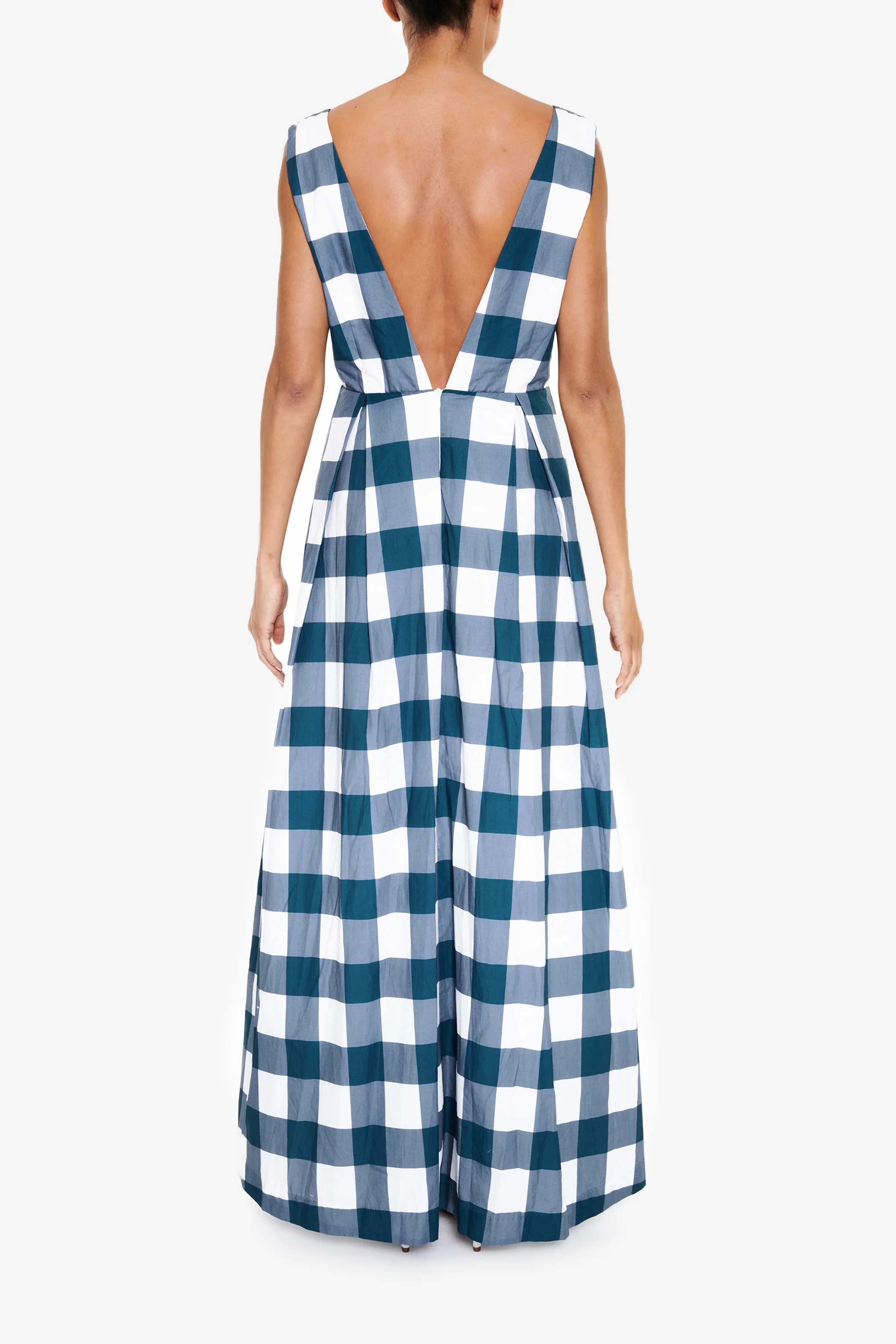 Louise Petrol Blue Check Plunging Back Maxi-Dress