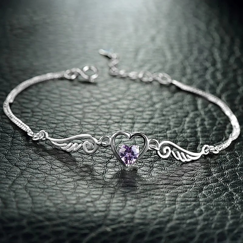 Náramok S925 Srdce a Krídla s Fialovým Zirkónom – Eurocharms