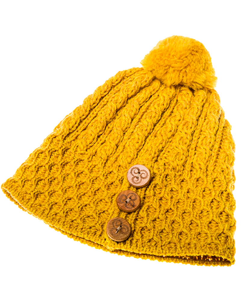 Aran Merino Wool Hat with 3 Buttons , Sun Yellow