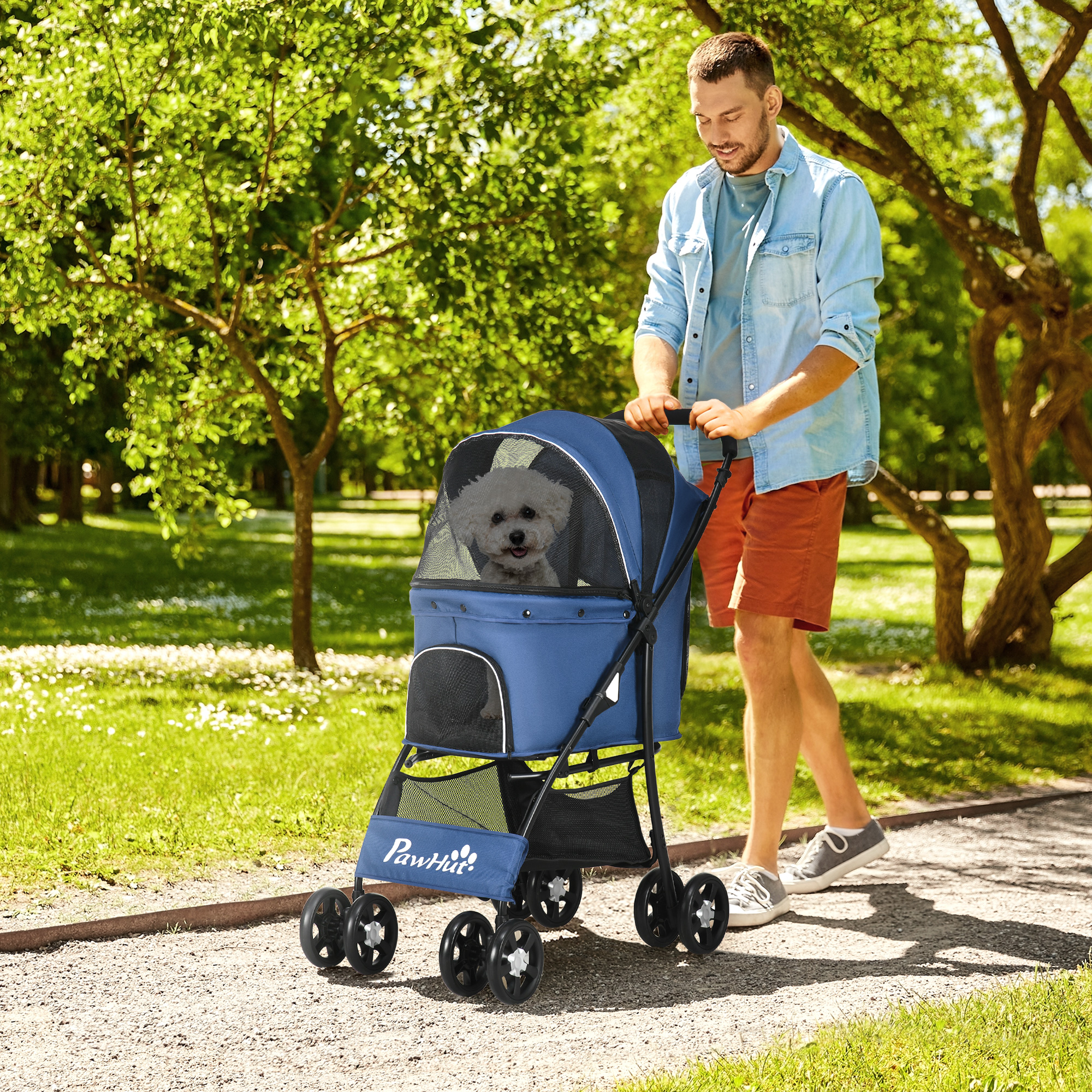 PawHut Hundewagen bis 10kg klappbar Bodenkorb Kissen verstellbares Vordach Seitentasche 81 cm x 48 cm x 99 cm Grau