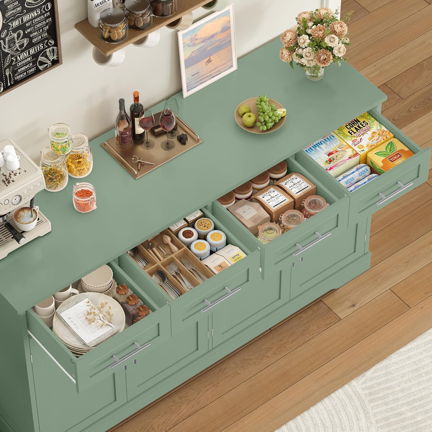 HOCSOK Credenza Cucina, 150 cm Madia Cucina con 4 Cassetti 4 Ante, Credenza Soggiorno con Maniglie in Metallo per Soggiorno, sala da pranzo, Ingresso, Mobile TV, 150×92×40 cm