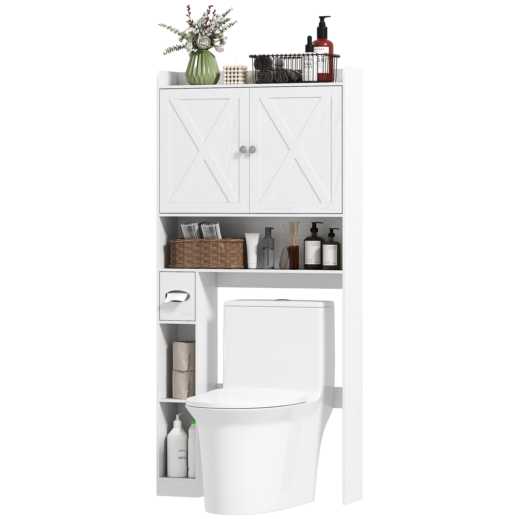 HOMCOM Toilettenaufsatzmöbel mit X-förmigen Scheunentüren, verstellbarem Regal, Fächern und Papiertücherhalter, weiß