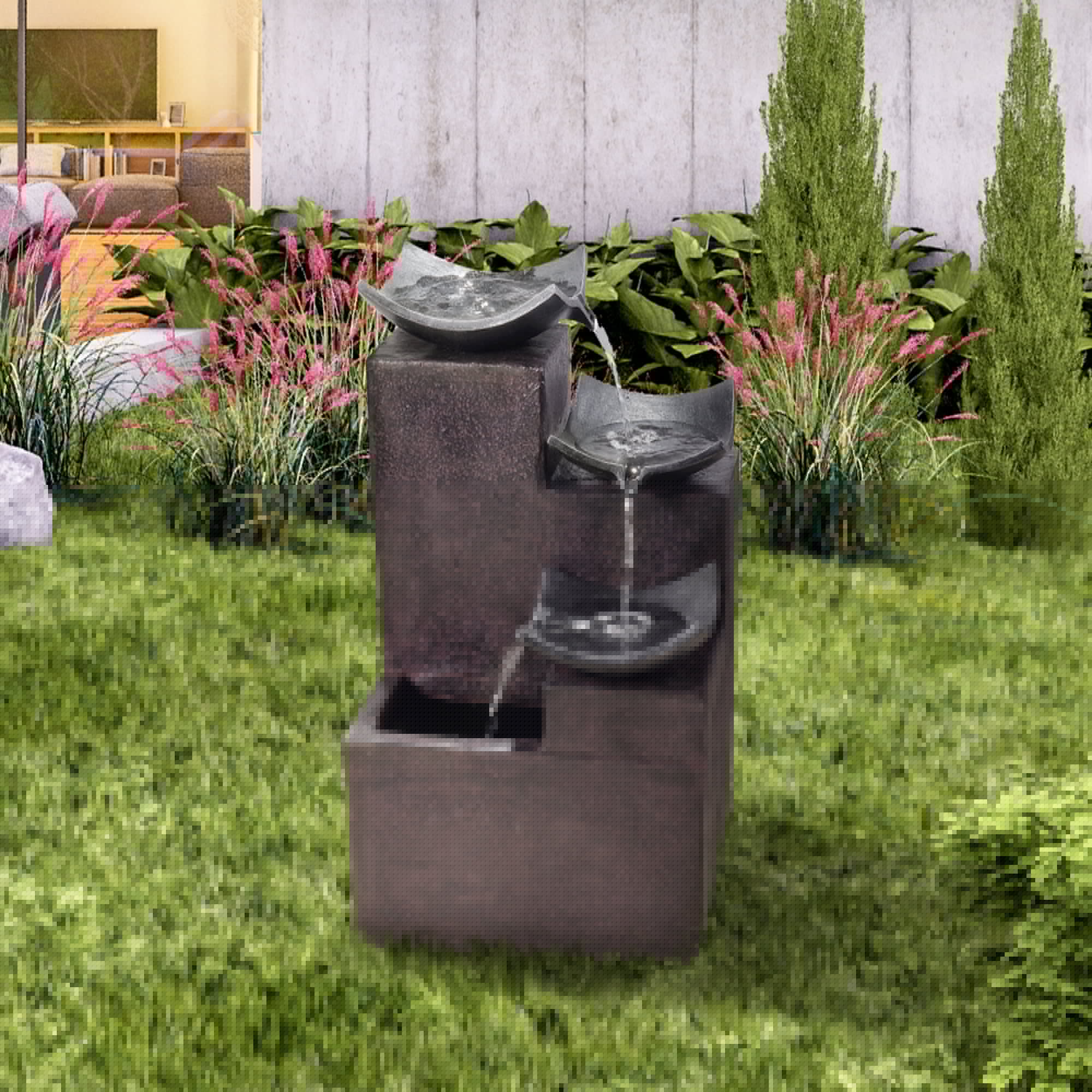 Teamson Home Outdoor Stone Look 4 Tier Floor Fountain, Rusted Finish, Weatherproof, Zen Garden Decor