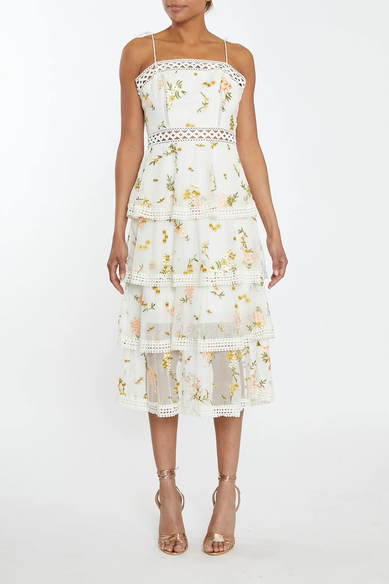 Nude-Pink Embroidery Strappy Tiered Midi-Dress