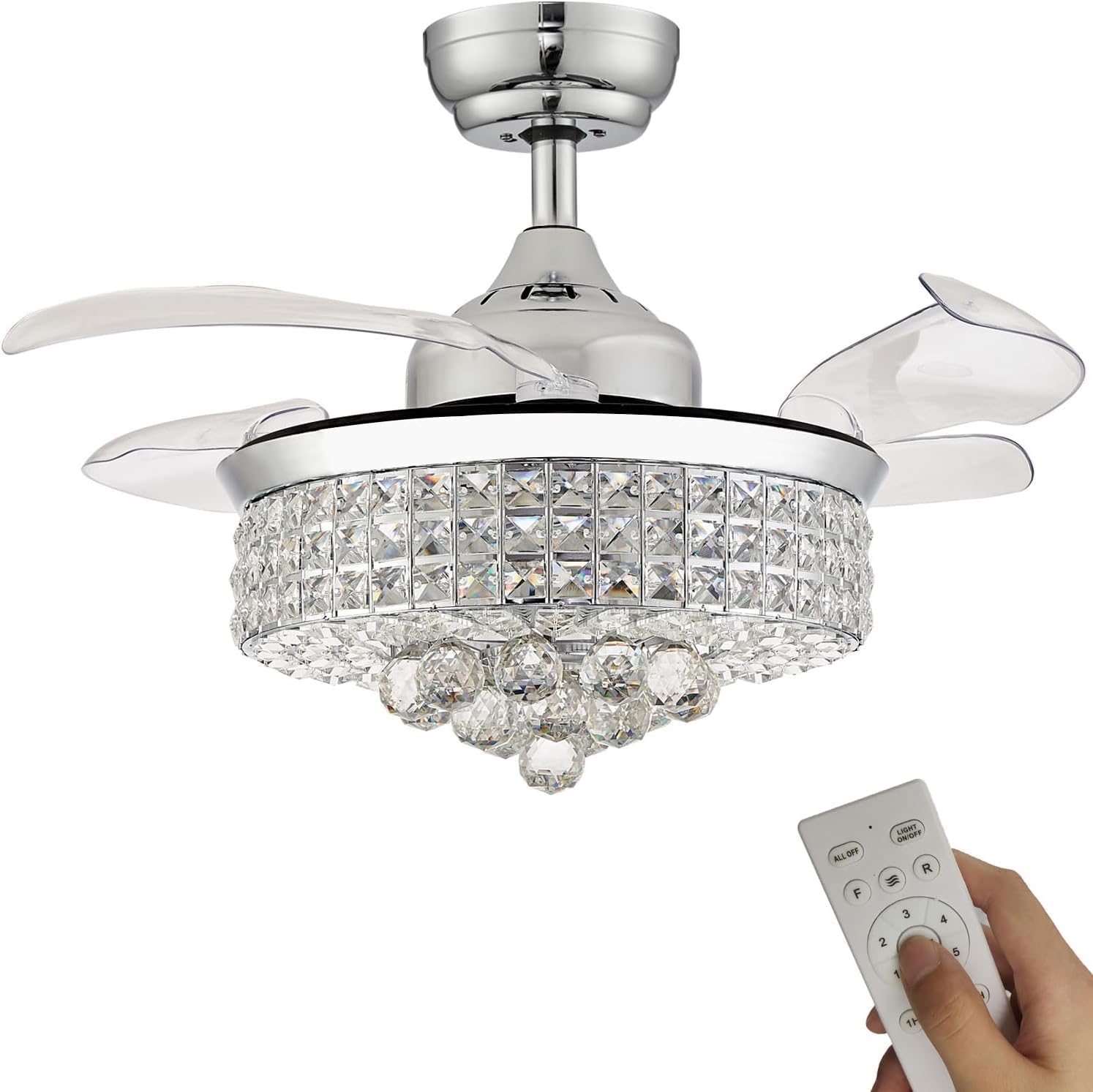 48&prime;&prime; Dimmable Black Fandelier Crystal LED Ceiling Fans with Lights and Remote Modern Retractable Blade Ceiling Lighting Fan Kit for Bedroom Dinning Room Living Room