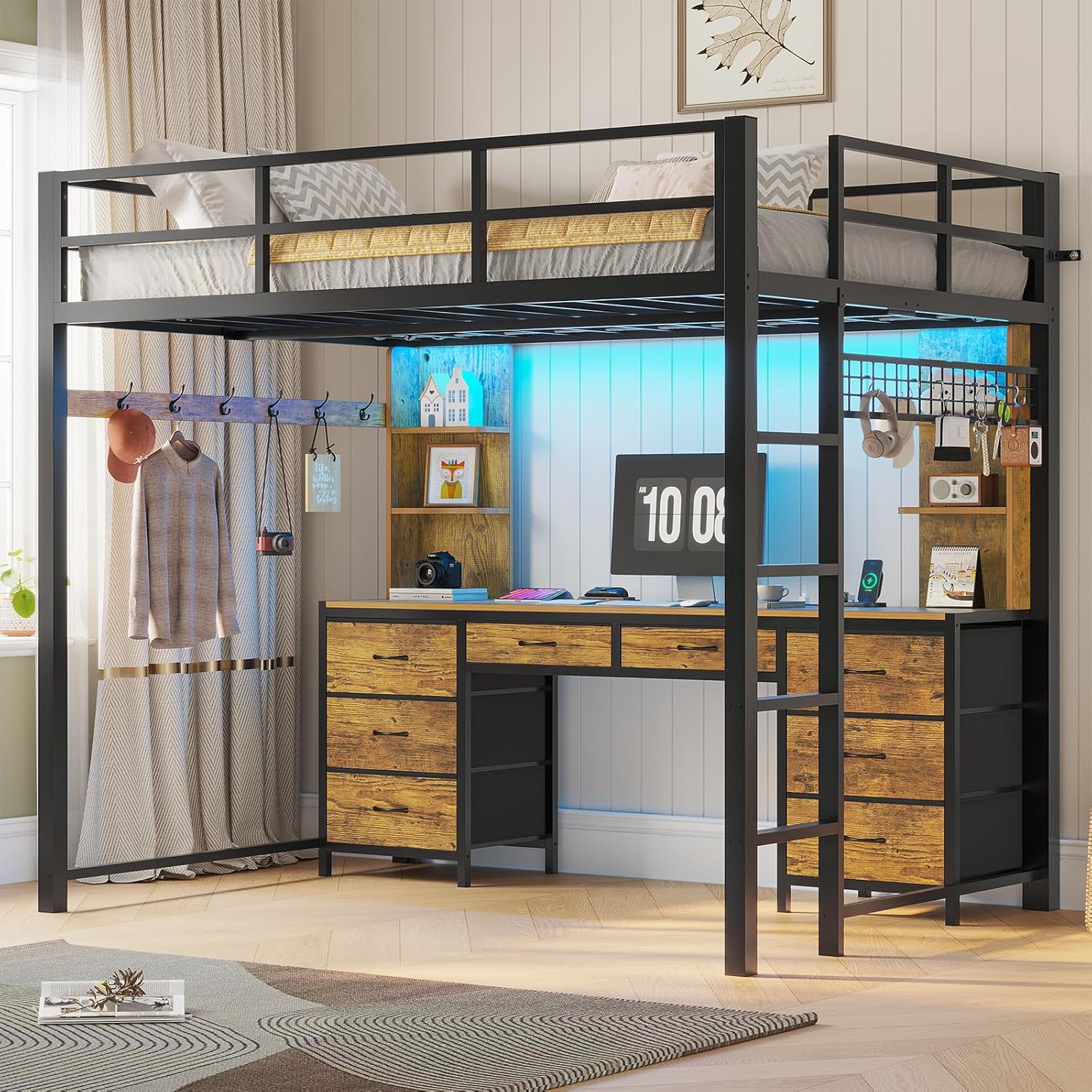 ADORNEVE Full Size Loft Bed with Desk and 8 Storage Drawers, Metal Loft Beds Full with LED Lights & Charging Sation, Heavy Duty Loft Bed Frame with 6 Storage Shelves, Space-Saving, Rustic Brown