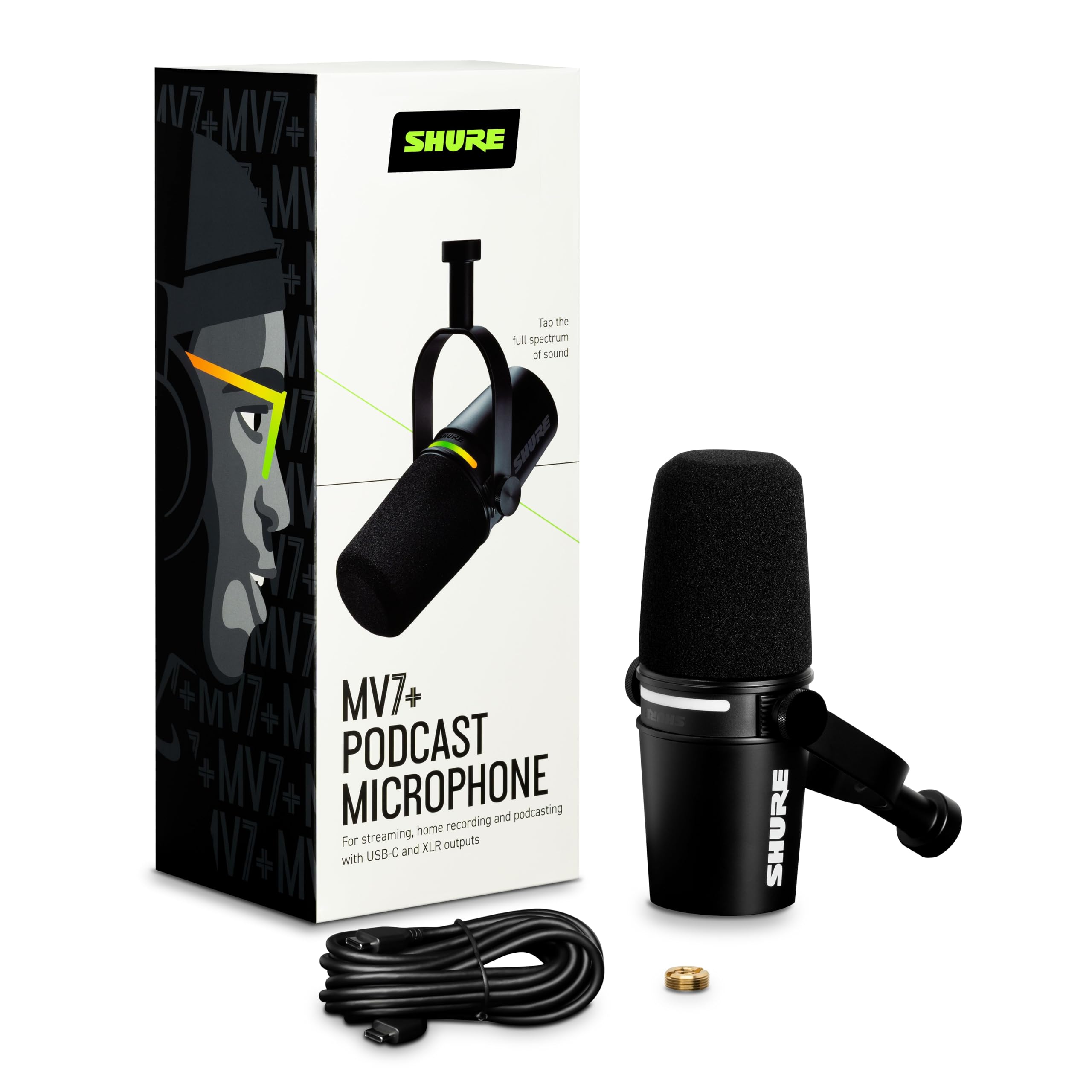 Dynamisches Podcast-Mikrofon MV7+ mit USB-C und XLR, Schwarz, inkl. USB-C-Kabel und Windschutz