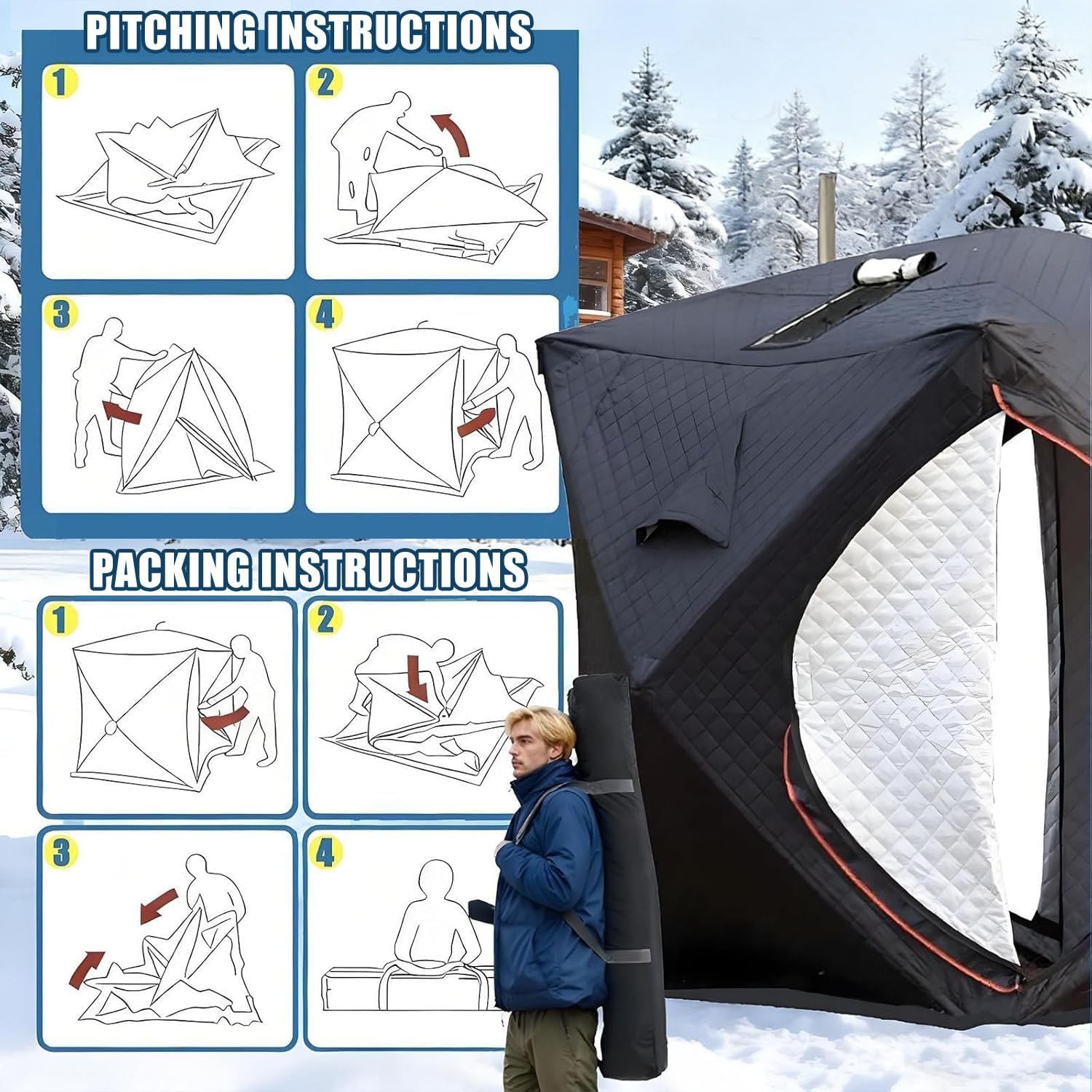 Isolierter Unterstand für Eisangeln – 3-lagiges tragbares Zelt für 3–4 Personen mit 2 Türen und Tragetasche, ideal für Zuhause, Hinterhof, Camping und Trockensauna
