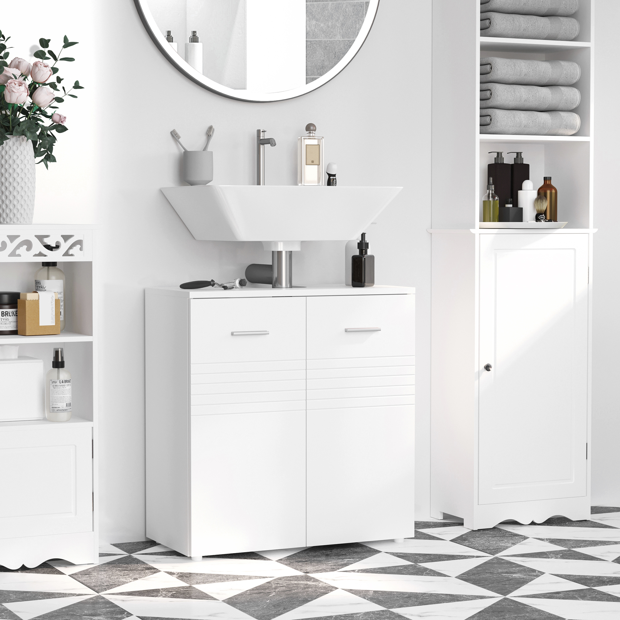 kleankin Waschbeckenunterschrank Badezimmerschrank Waschtischunterschrank mit 2 Türen Regal verstellbar U-förmiger Ausschnitt Spanplatte Weiß 60 x 30 x 62,5 cm