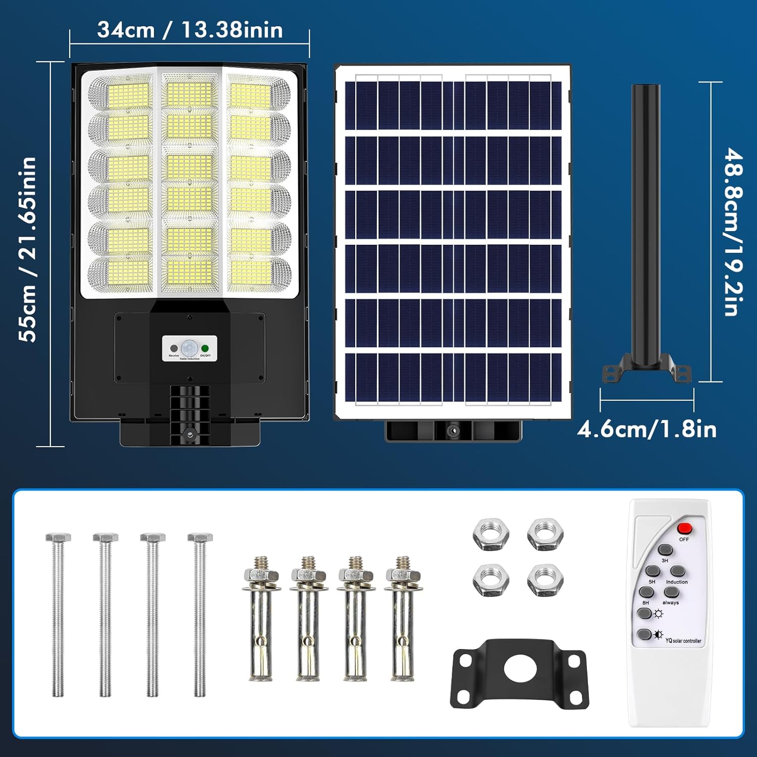 1200W Solar Straßenlaterne, 120000LM 6500K Solar Wegeleuchte mit Bewegungsmelder, IP65 Wasserdichte Solarlampen Strassenlaternen mit Fernbedienung für Hof, Garten, Parkplatz