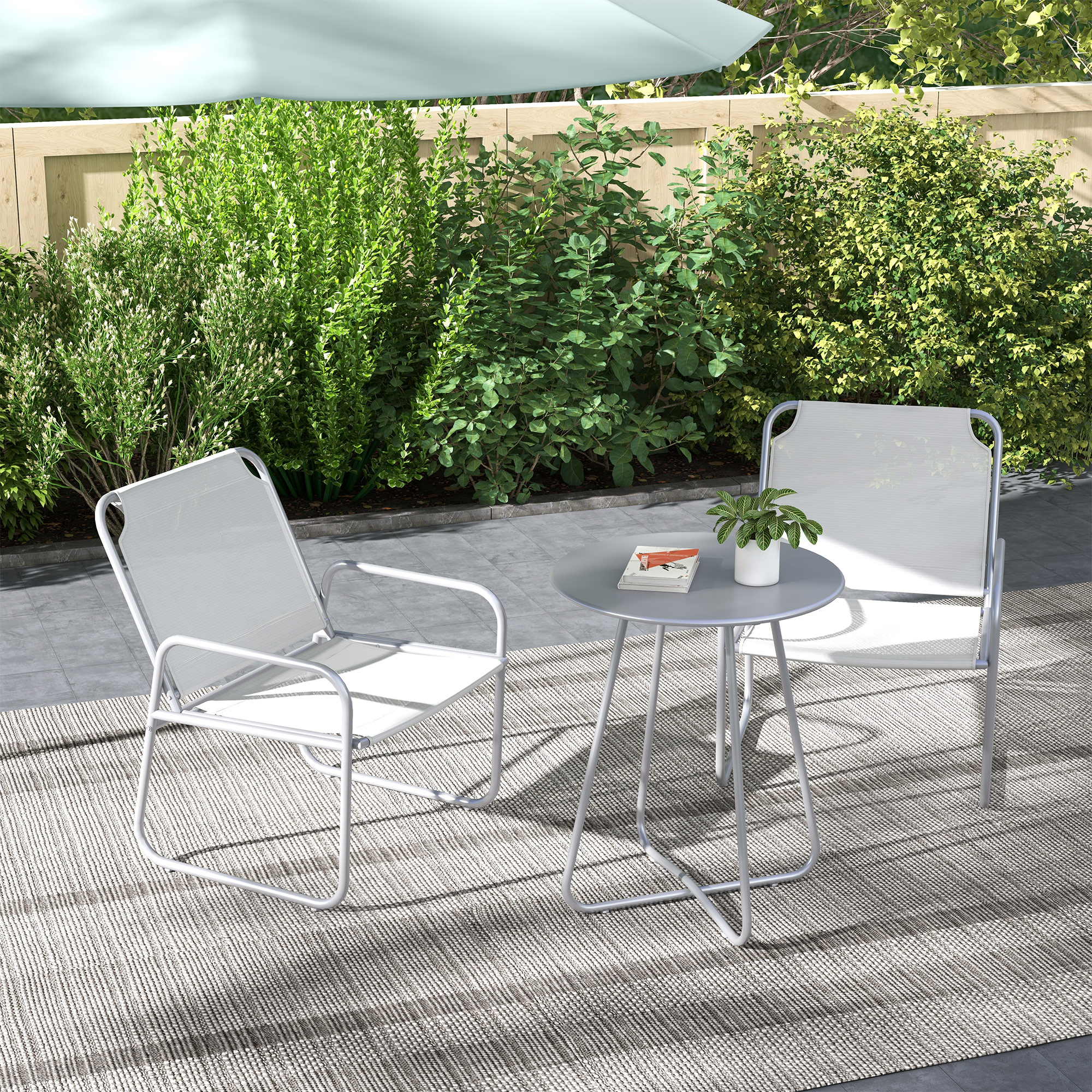 Outsunny 3-teiliges Gartenmöbelset, 2 Stühle mit atmungsaktivem Stoffbezug, 1 runder Tisch Ø60 cm, Hellgrau