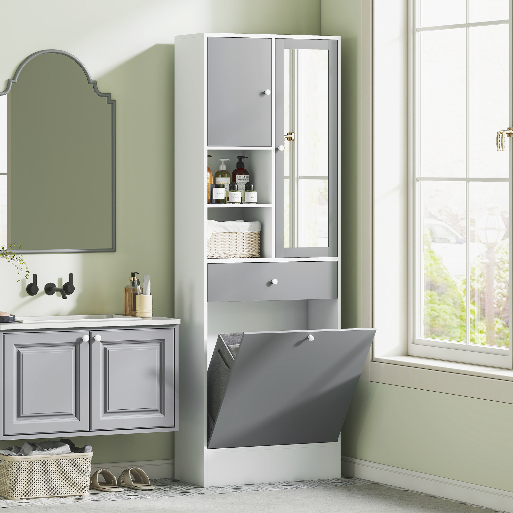 HOMCOM Badezimmerschrank mit Wäschekorb und Spiegeltür verstellbarem Regal 62 x 28,3 x 181 cm grau und weiß