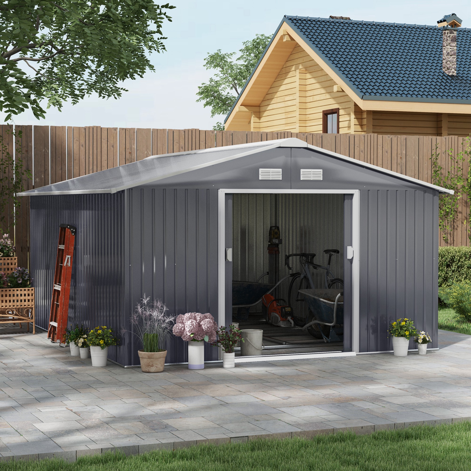 Outsunny Gereedschapsschuur met fundering 24,5 m³ gereedschapsschuur tuinhuisje stalen schuifdeur