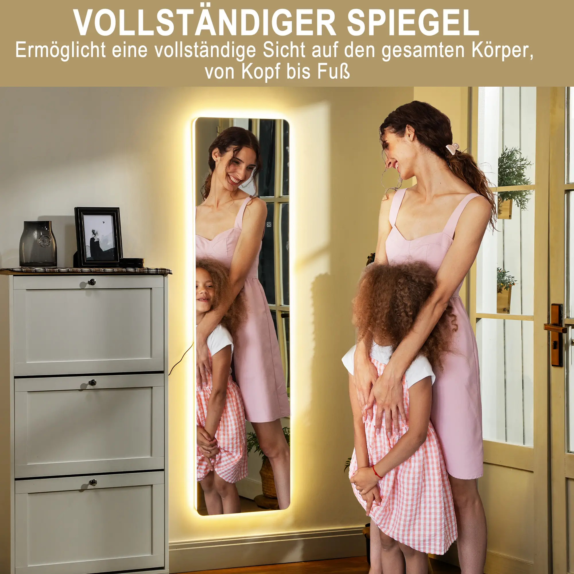 HOMCOM Standspiegel LED Touch dimmbar 3 Lichtfarben Ganzkörperspiegel