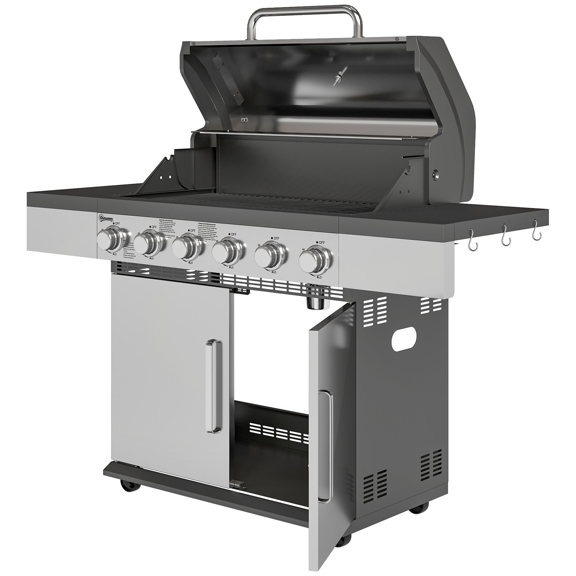 Outsunny Gasgrill 8500BTU Grillwagen inkl 6 Edelstahl-Brenner Thermometer Druckminderer 141 x 55 x 110 cm Silber