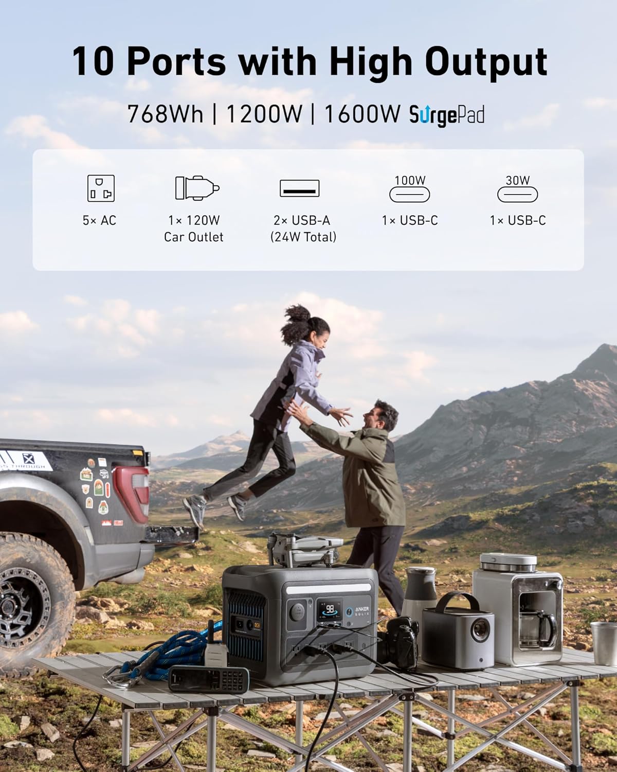 Anker SOLIX C800 Portable Power Station  1200W (Peak 1600W) Solar Generator  Full Charge in 58 Min  768Wh LiFePO4 Battery for Outdoor Camping  RVs  Road Trip  and Power Outages (Optional Solar Panel)