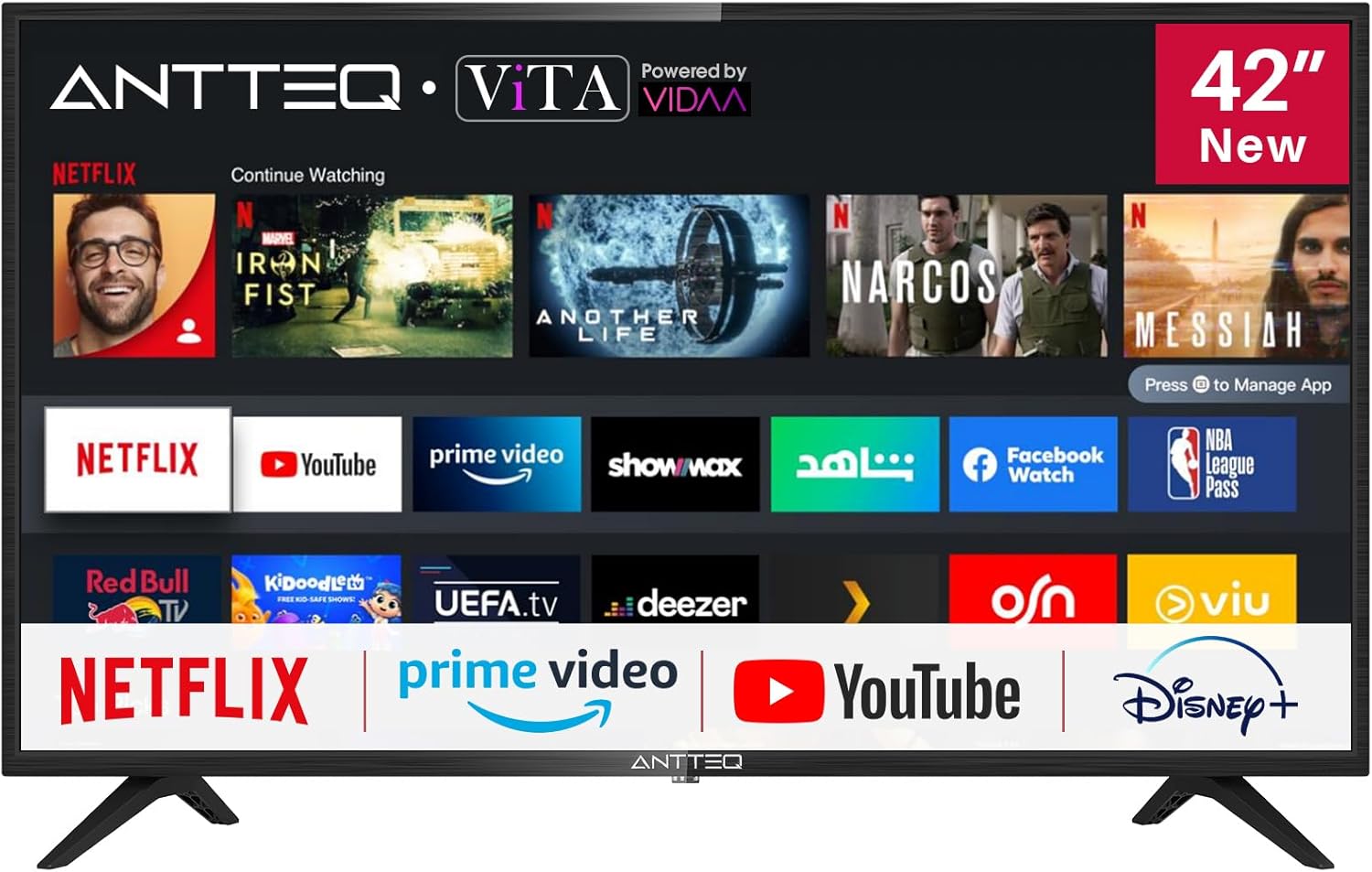 AV42F3 Fernseher 42 Zoll (106 cm) Full HD Smart TV mit HD Triple Tuner (DVB-C/-S2/-T2), App Store, Netflix, Prime Video, Rakuten TV, DAZN, YouTube, UVM, WiFi, Hotelmodus
