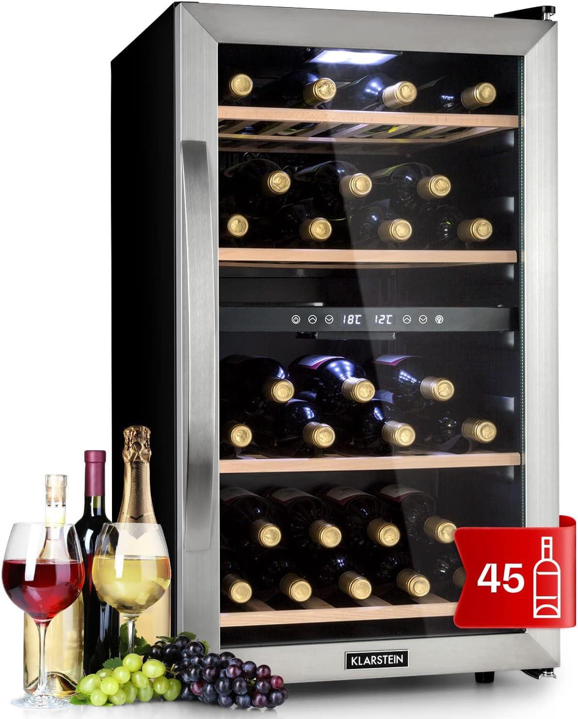 KLARSTEIN Wine Cellar, Single Zone Refrigerated Wine Cellar for Indoor/Outdoor, Fridge Bar, Wine Cellar with Showcase, Mini Bar with UV Protection, Touch Wine Fridge, 11-18°C, 12 Bottles