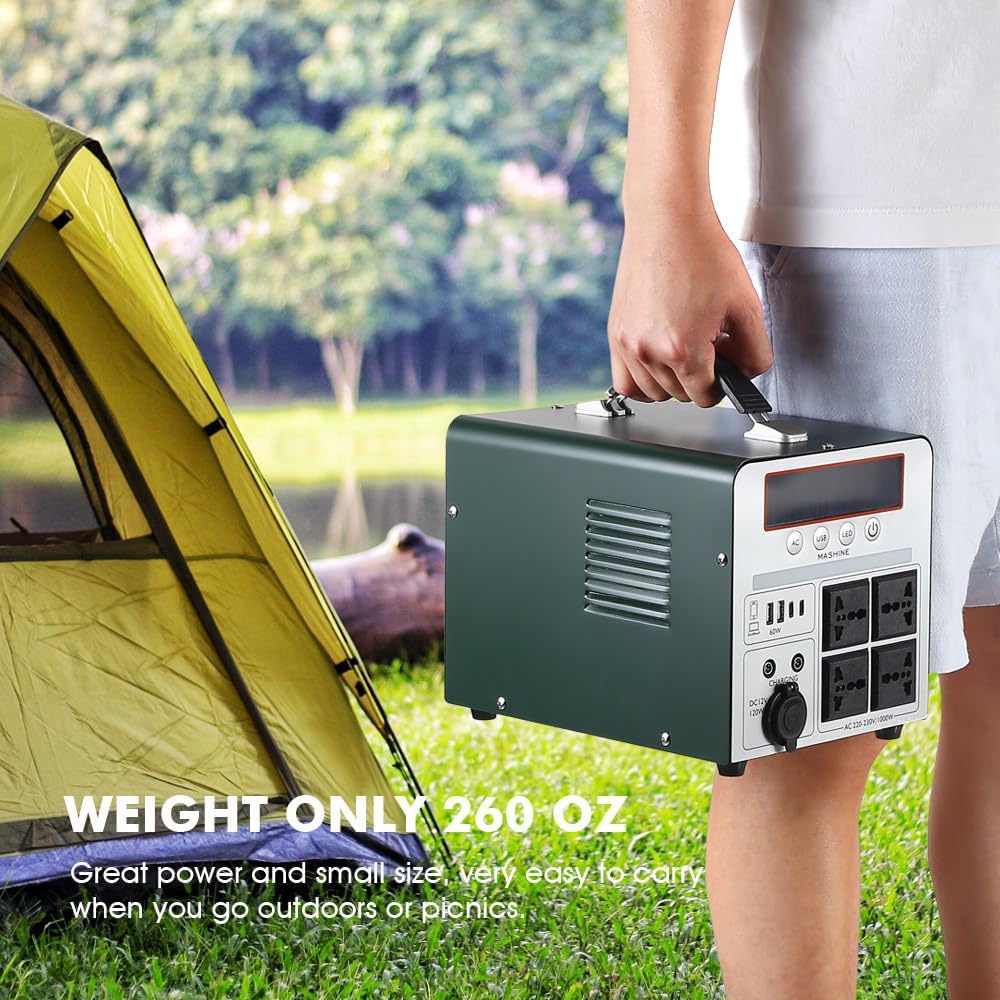 Tragbare Powerstation 1000W/666Wh, Mashine Tragbare Wiederaufladbare Generator Backup Batteriepack für Camping, Wohnmobile, Drohnen, Erste Hilfe und Außenbeleuchtung, mit 4 AC Anschlüssen