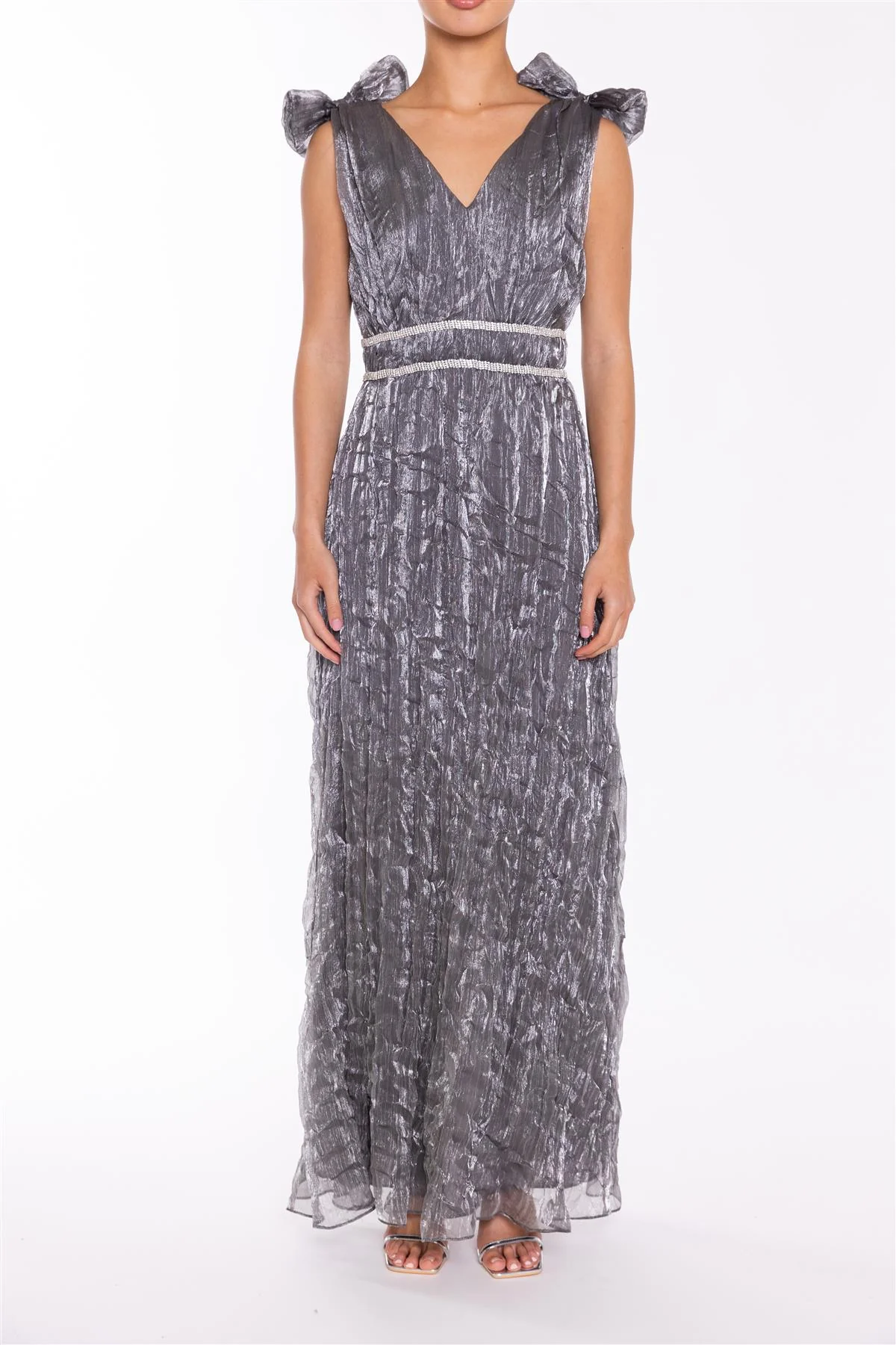 Leia Petrol Crinkle Organza Bow Shoulder Maxi Dress