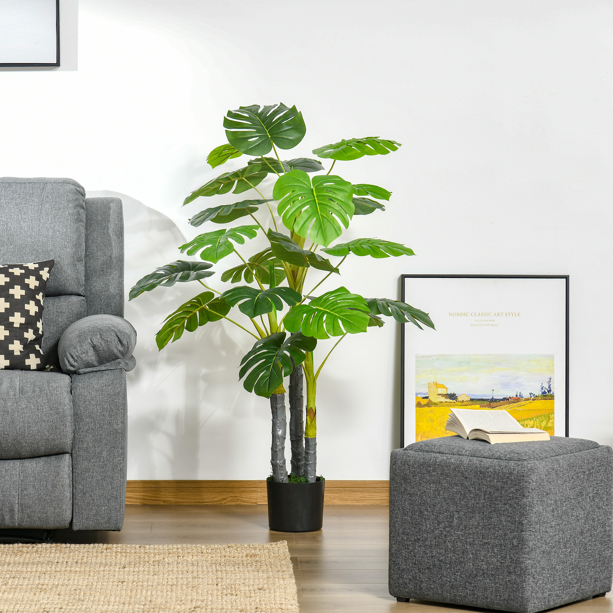 HOMCOM Künstlicher Baum Kunstpflanze Monstera H.1,2 m Stamm Äste Moosflecken Schildförmige Blätter Realistisch Stabiler Topf Enthalten