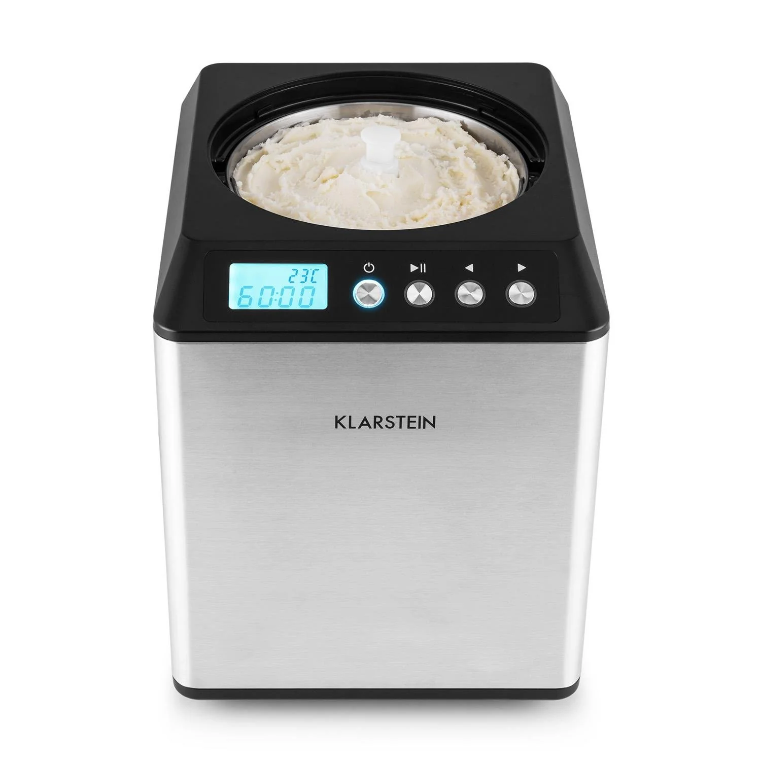 Klarstein Vanilla Sky - macchina per gelato, preparatore di gelato, gelatiera, funzione di mantenimento freddo, display LED, timer, acciaio inox, facile da pulire, 180 watt, capacità 2 litri, colore argento