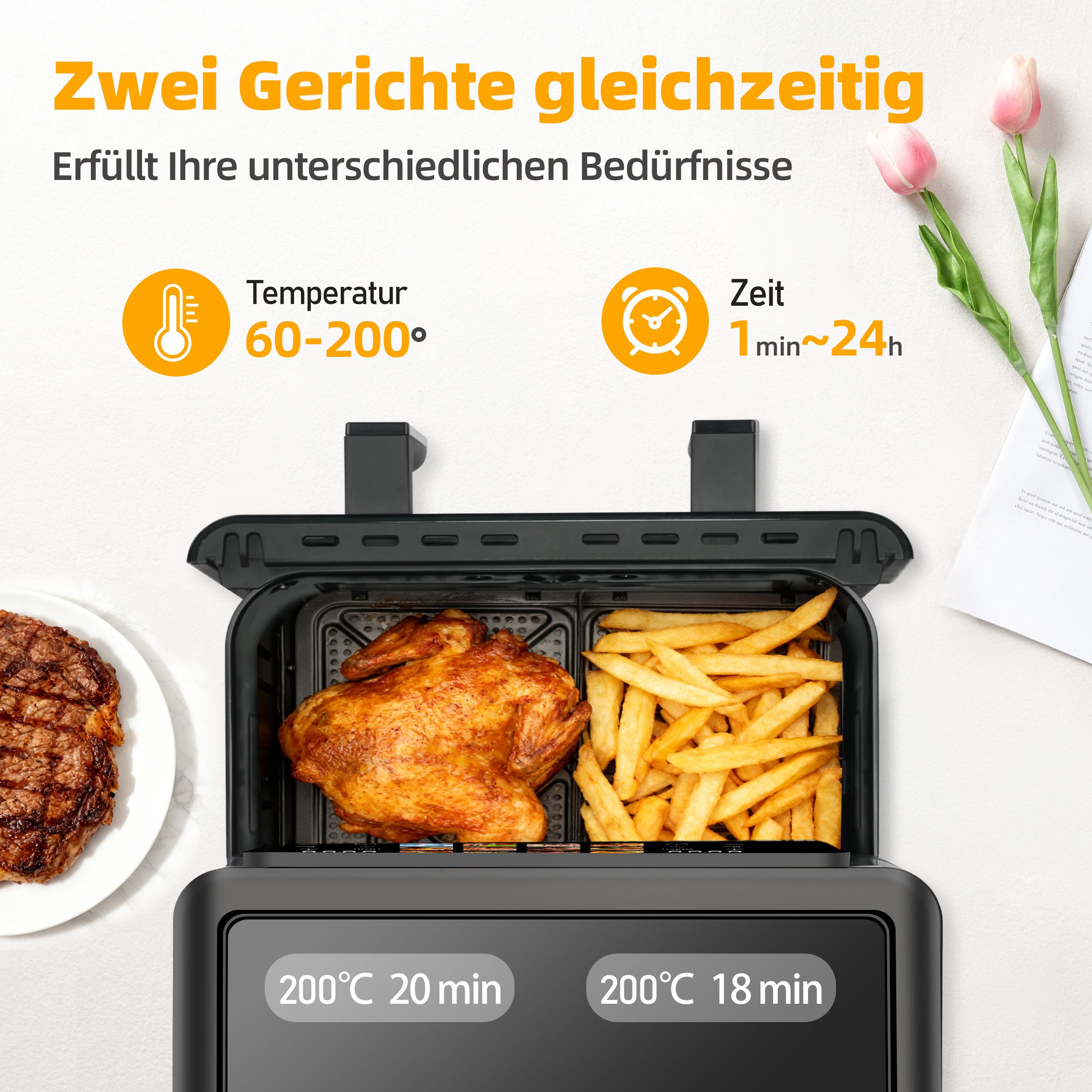 Heißluftfritteuse 2 Kammern, 8.5L Airfryer Doppelkammer Einkammer Verstellbar