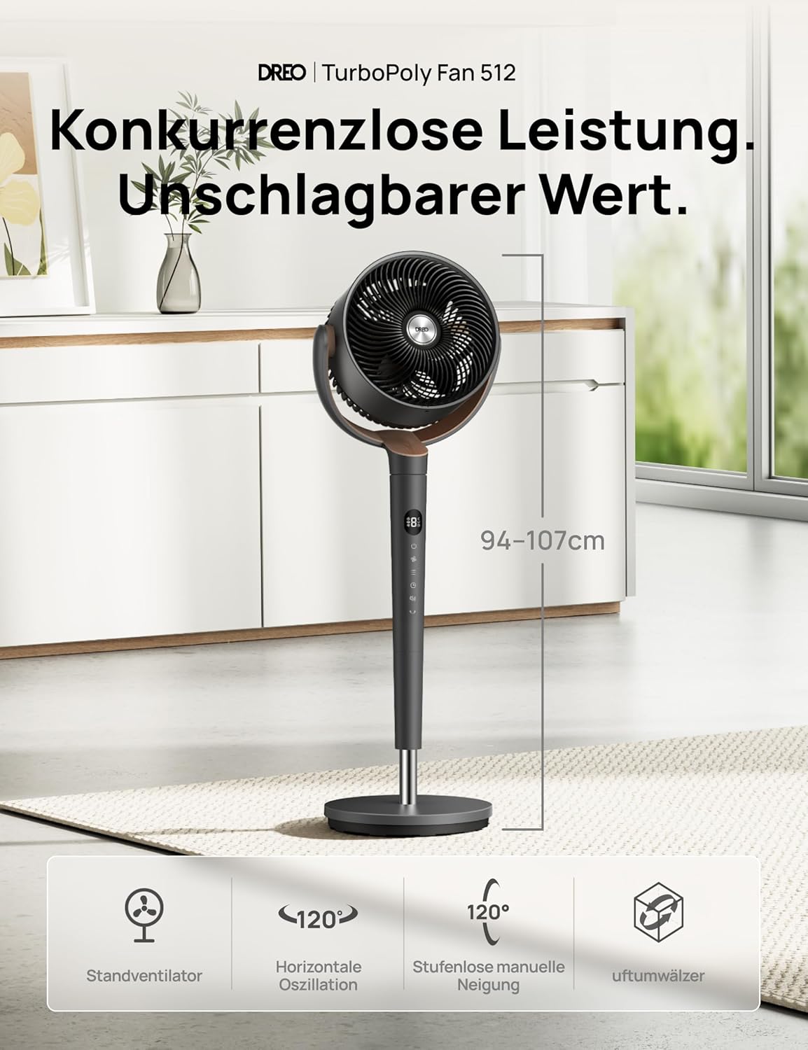 DREO Standventilator sehr leise, Ventilator groß mit Fernbedienung, 20dB Silent Ventilator mit DC-Motor, 120° Oszillierend, 4 Modi, 94-107cm höhenverstellbar, Bodenventilator, TurboPoly Fan 512, Grau