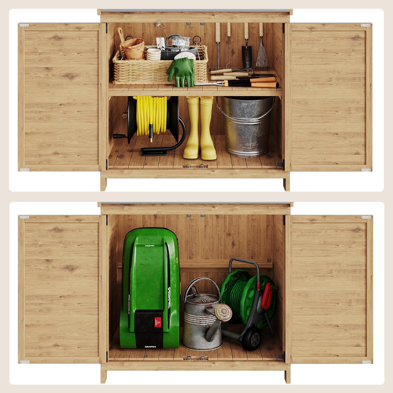 Bealife Tavolo per Piante con Mobile Base, Armadietto da Esterno in Legno,Mobiletto da Giardino con Piano di Lavoro con 1 Ripiano Mobile per Uso Interno ed Esterno (Naturale, 98x48x95 cm)