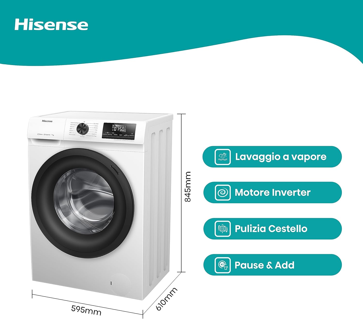 Hisense WFVB7012EM Front Load Washing Machine 7 kg 1200 rpm 15 Programs Steam LED Display Rapid Program Delay Start Child Lock