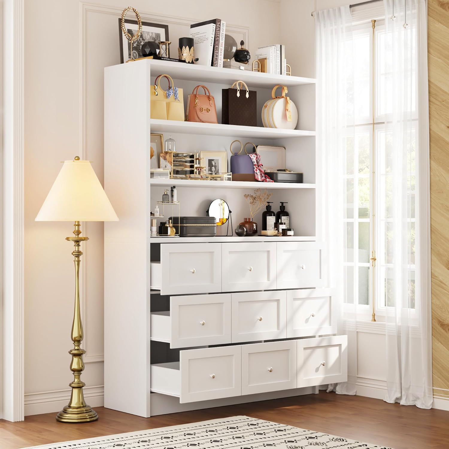 Libreria Armadietto a 9 cassetti, 3 scomparti aperti, maniglie in metallo, multifunzione, 180 x 120 x 39 cm, bianco, MDF