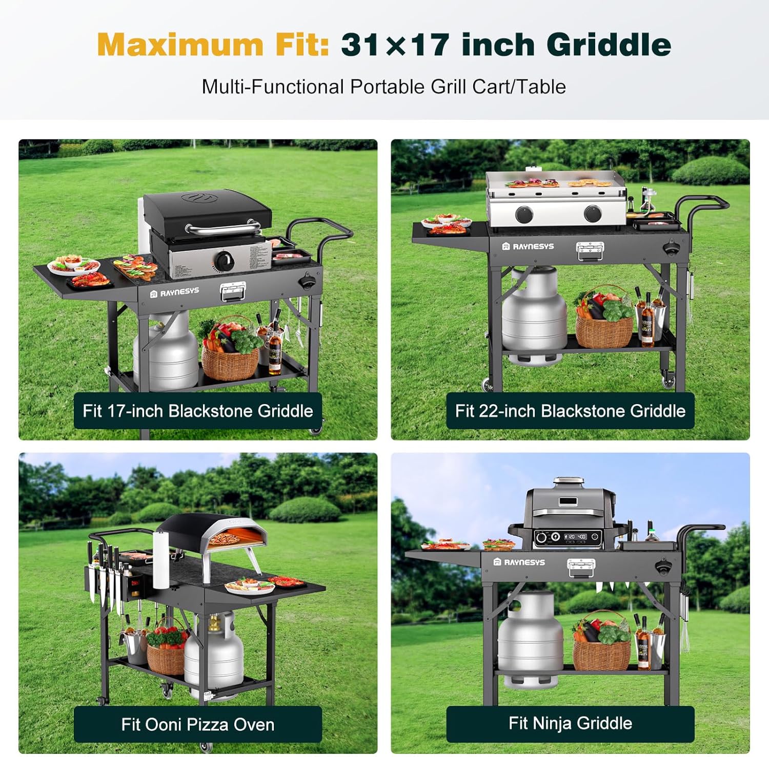 Folding Outdoor Grill Table with Wheels, 31" W x 17" D (Black)