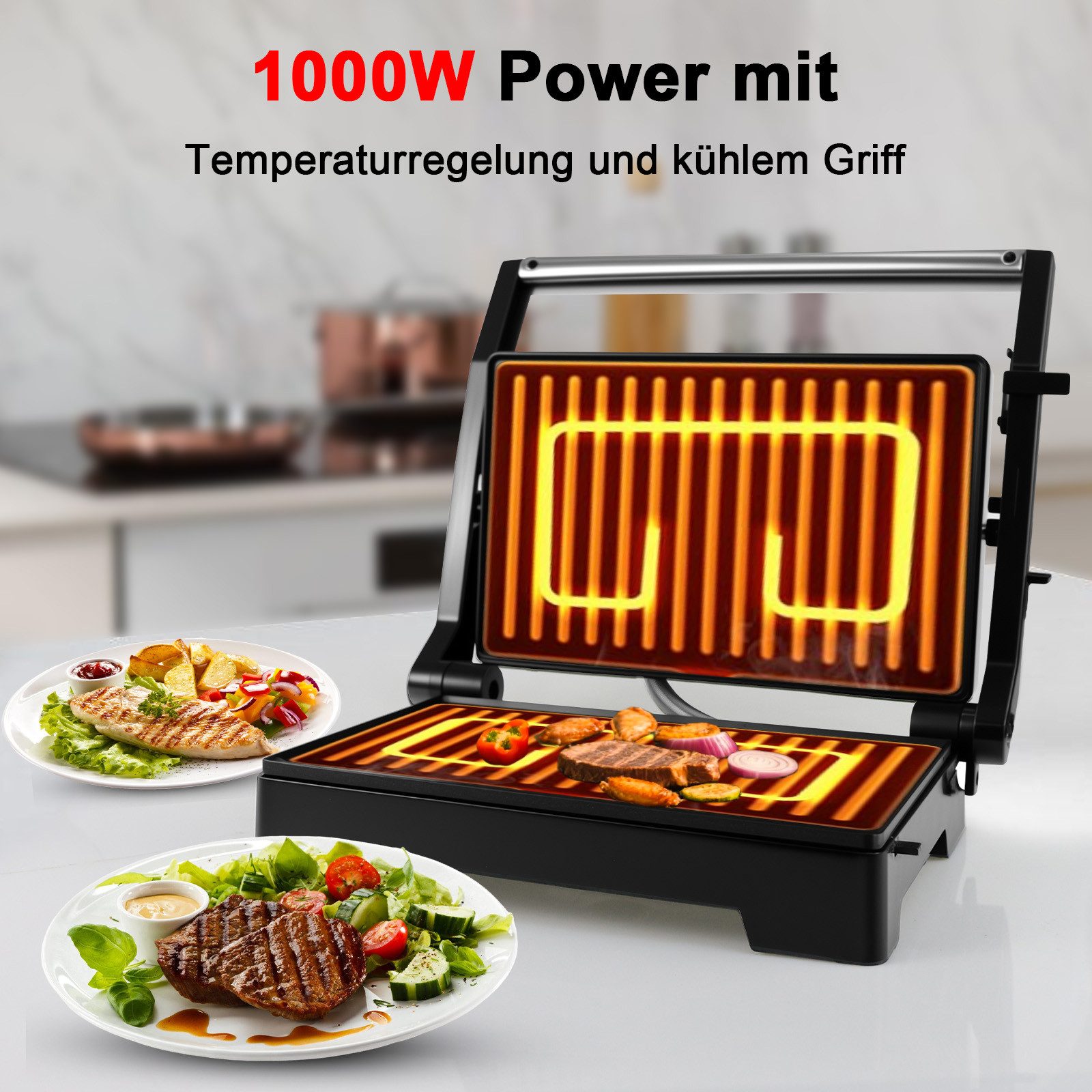 Kontaktgrill Elektrischer Tischgrill, antihaftbeschichtetete Platten, Paninimaker