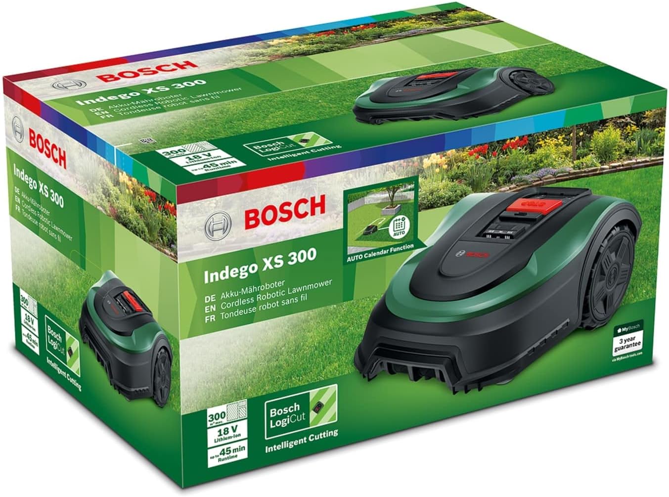 Bosch Rasenmäher Roboter Indego XS 300 (mit integriertem 18-V-Akku, Ladestation enthalten, Schnittbreite 19 cm, für Rasenflächen bis 300 m2, im Karton)
