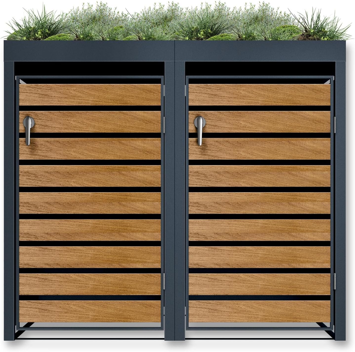 Metzler Mülltonnenbox 2er 240L in Anthrazit & Holzoptik mit Pflanzdach & Sichtstreifen, Mülltonnenverkleidung 2 Tonnen mit Automatikdeckel, Müllbox mit pulverbeschichtetem Stahl rostfrei, abschließbar