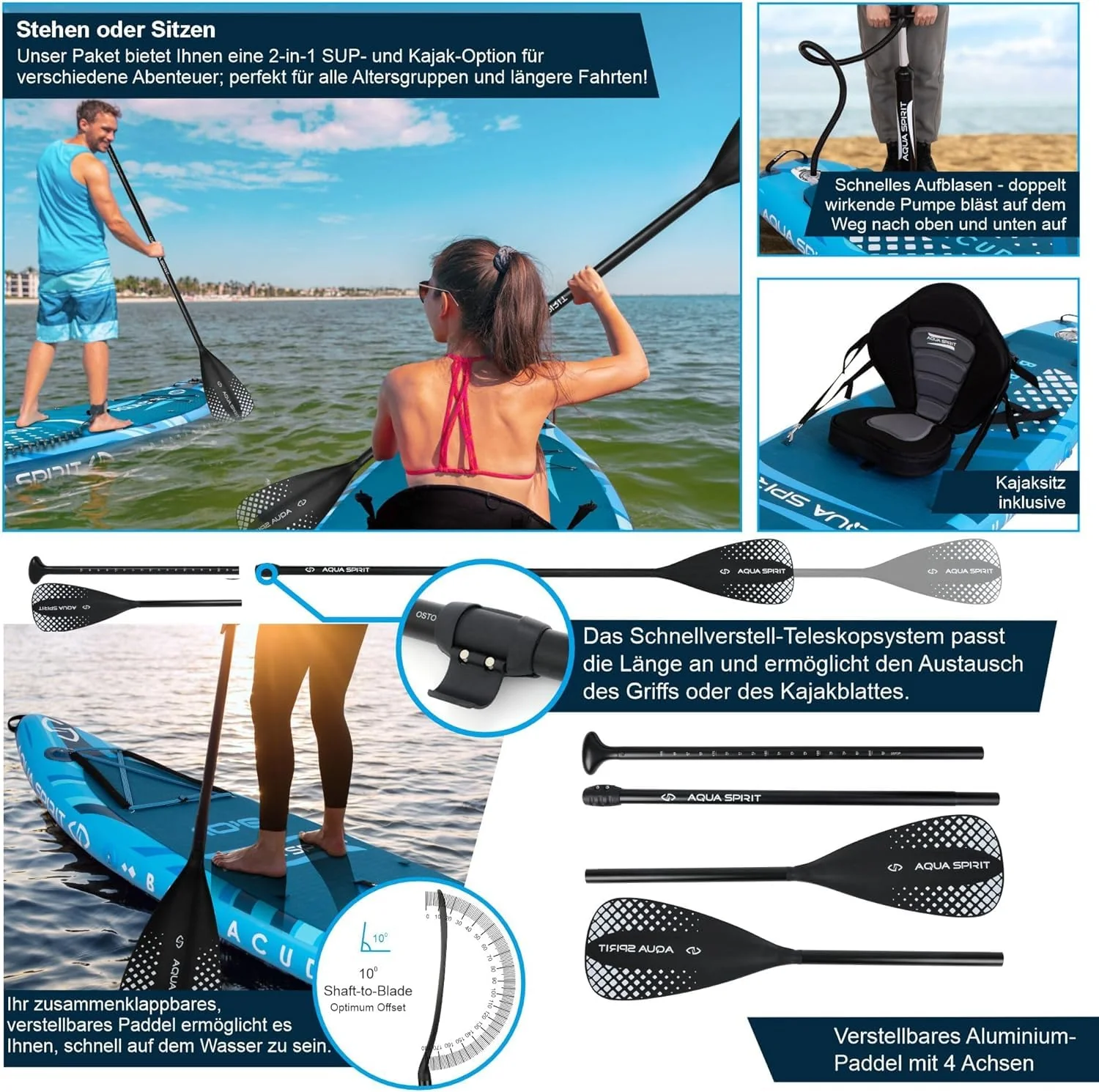 2025 Aqua Spirit Opblaasbaar SUP Paddleboard / Kajak Peddel | 320x81x15 cm | Set met Peddel, Zitje, Rugzak, Pomp en Meer Accessoires | Volwassenen Beginners/Experts (Blauw)