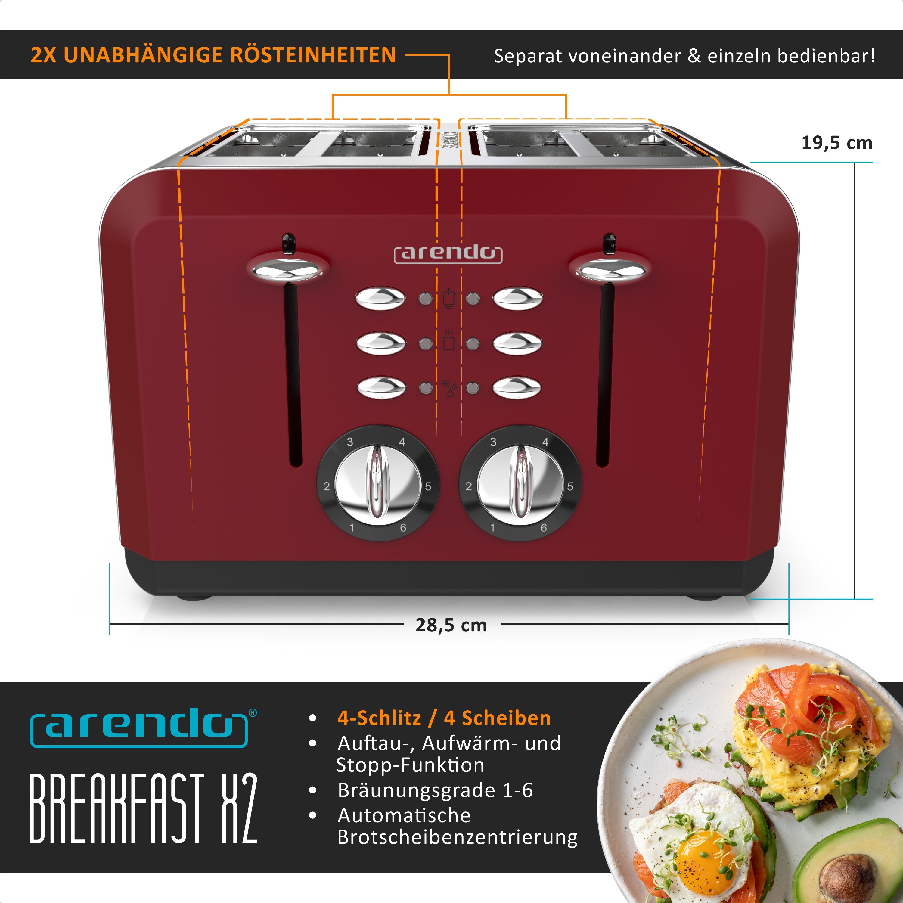 Toaster 4-Scheiben, Edelstahl Automatik, Wärmeisolierendes Doppelwandgehäuse
