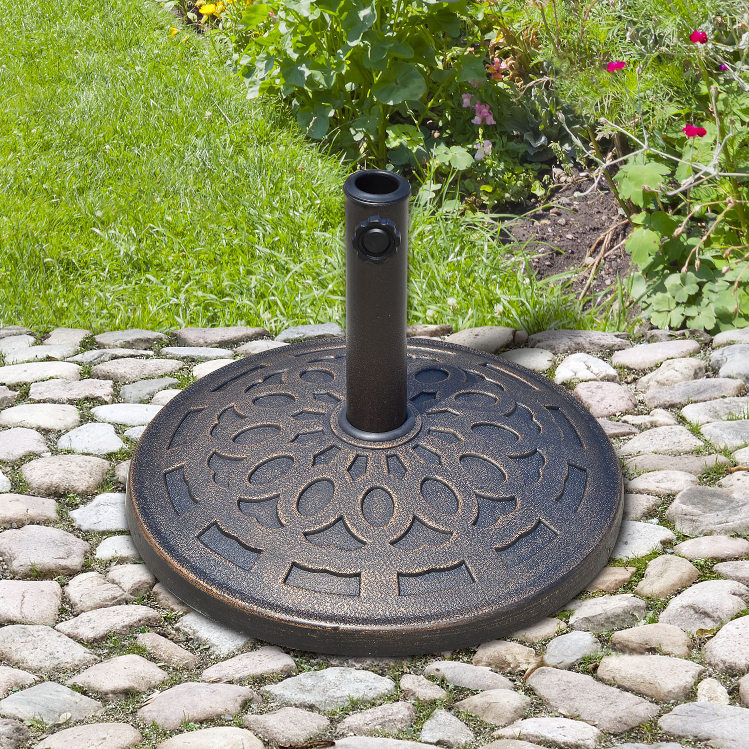 Outsunny Sonnenschirmständer aus Harz 14kg Schirmständer Griffe, Rund Schirmhalter, Schirmgewicht für Sonnenschirm 38mm/48mm Rohrdurchmesser, für Balkon, Terasse, Garten, Bronze