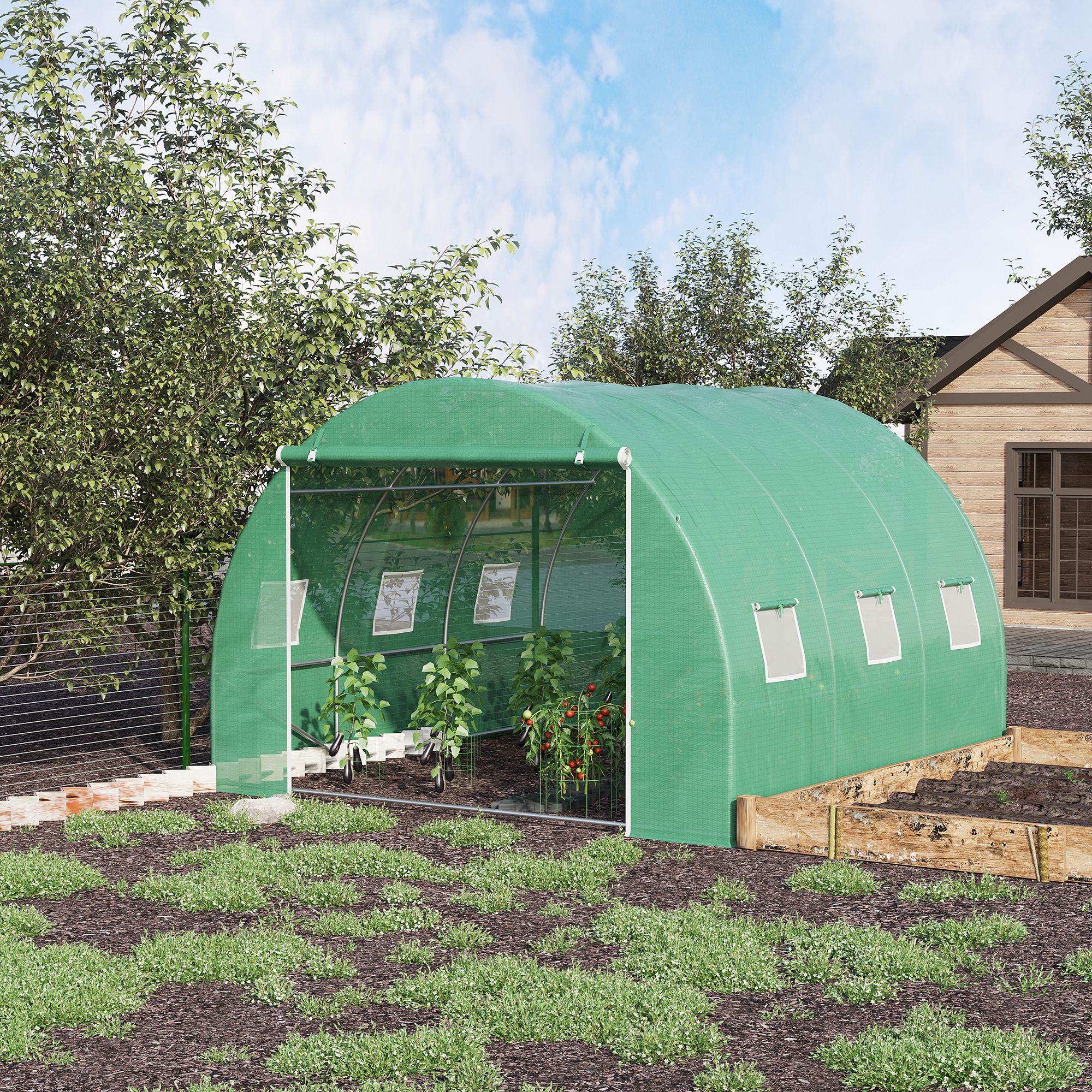 Outsunny Garten-Gewächshaus 9 m² Tunnelgewächshaus 3 x 3 x 2 m mit aufrollbarer Tür und 6 Gitterfenstern aus Stahl PE Grün